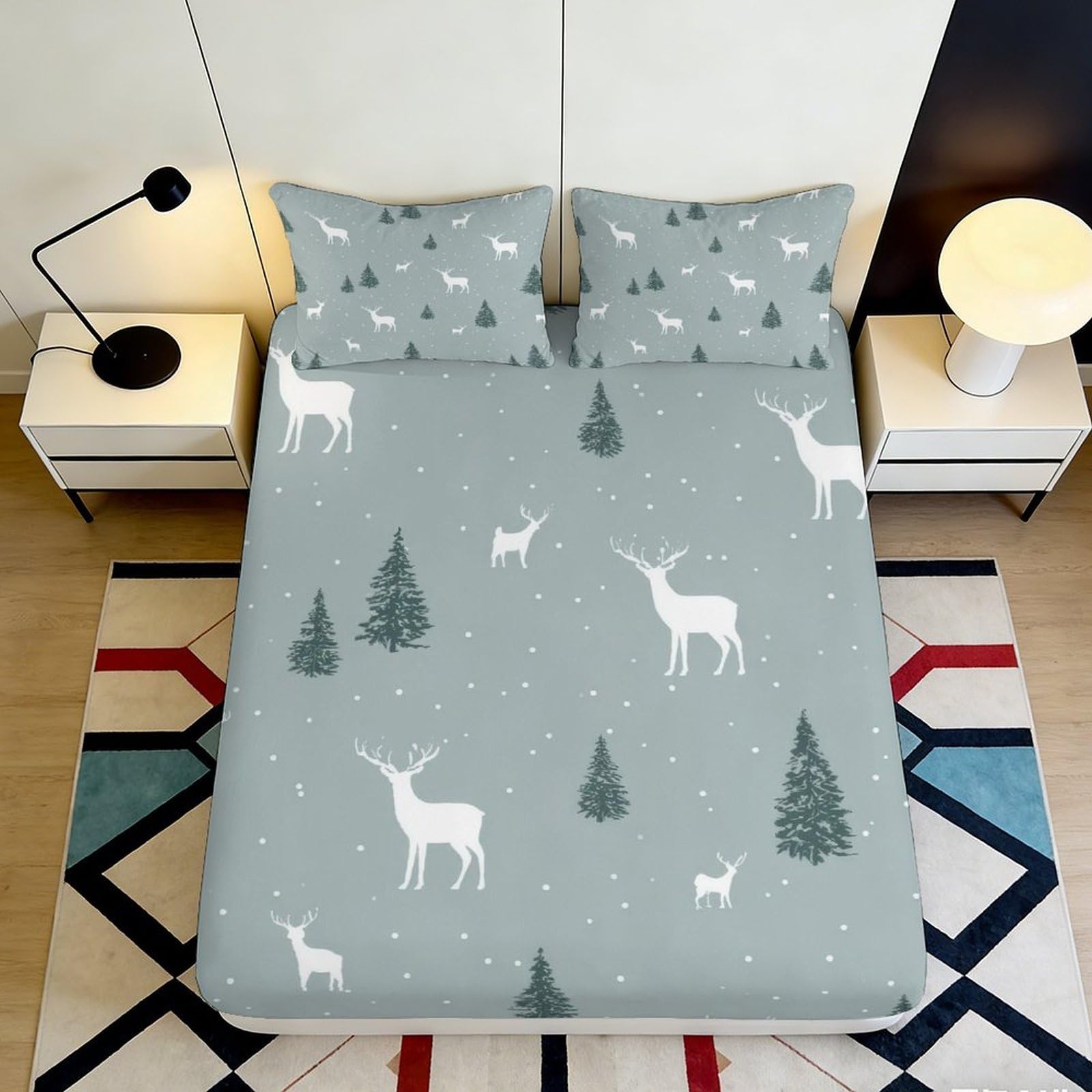 3D Printed Winter Forest Deer Fitted Sheet Microfiber Soft Breathable Pine Tree Bed Cover for Bedroom Guest Room Decor 200x200x25cm