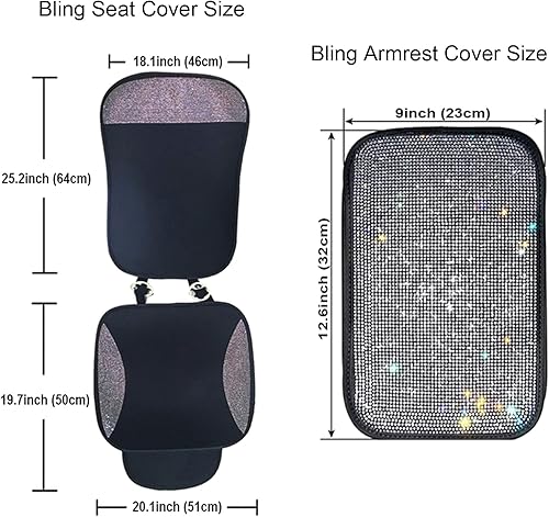 Miniatura 6 de Juego de 3 accesorios brillantes para el interior del automóvil para mujer, 2 pares de fundas de asiento delantero con reposabrazos y funda para