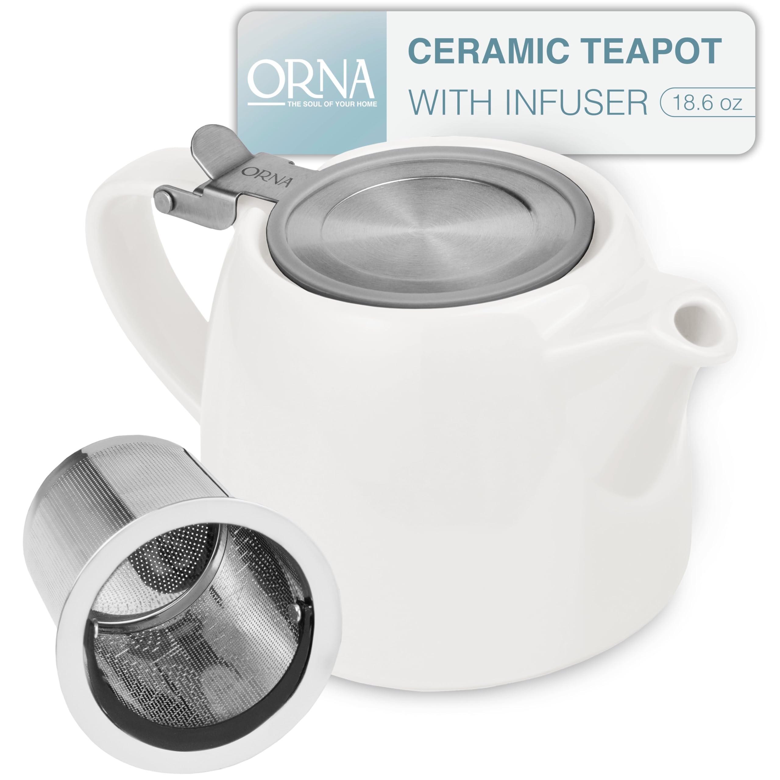 ORNA Ceramic Teapot with Tea Infuser – Small Tea Pot for Loose Leaf Tea – 550ml / 18.6 Oz Porcelain Non-Stove Teapot for 2 Cups with Tea Strainer (White) — image 1