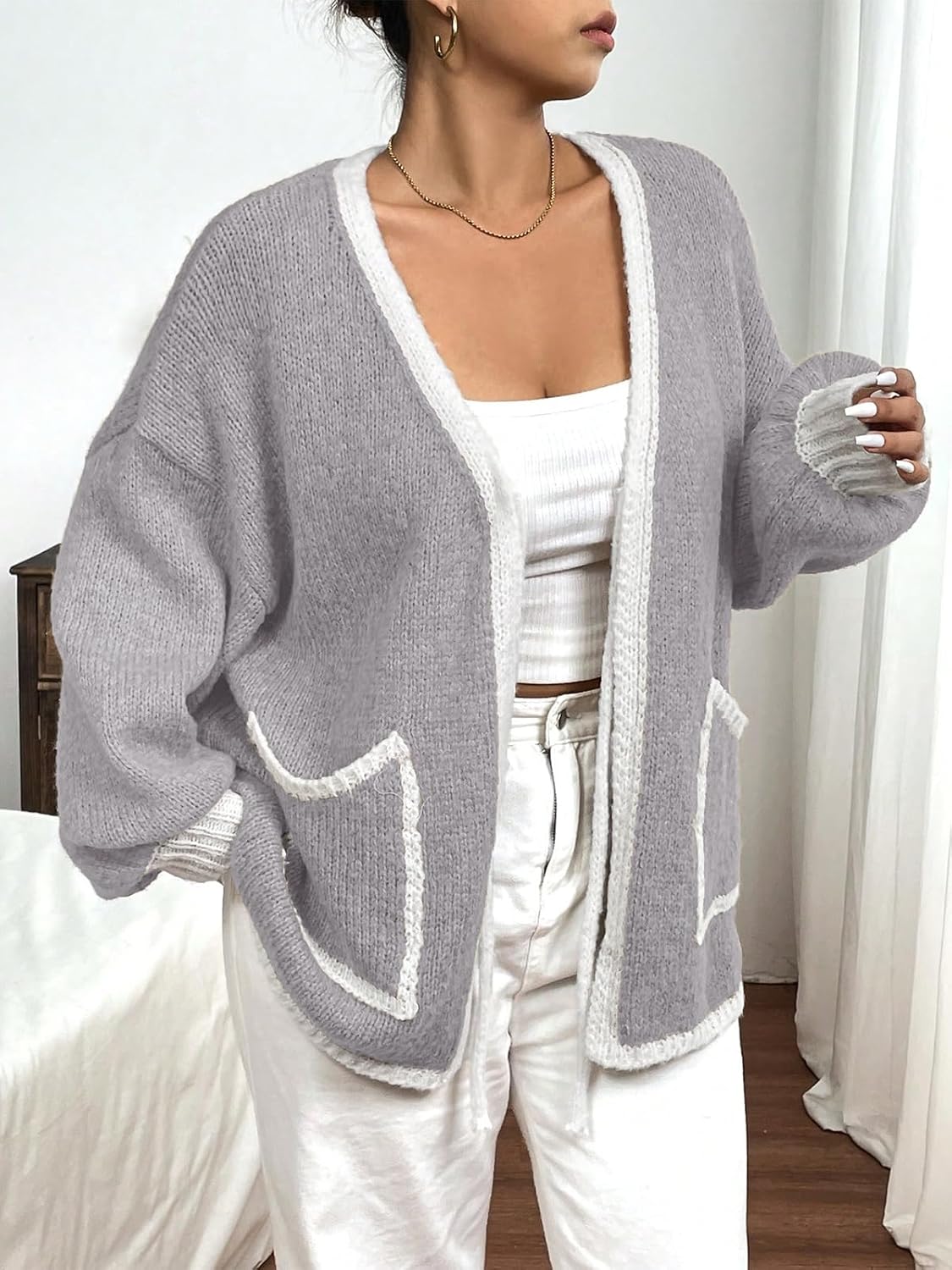 Women's Plus Size Cardigan Sweater Knit Open Front Long Sleeve Cover Up Casual Tops with Side Pockets (L-4XL) - Image 2