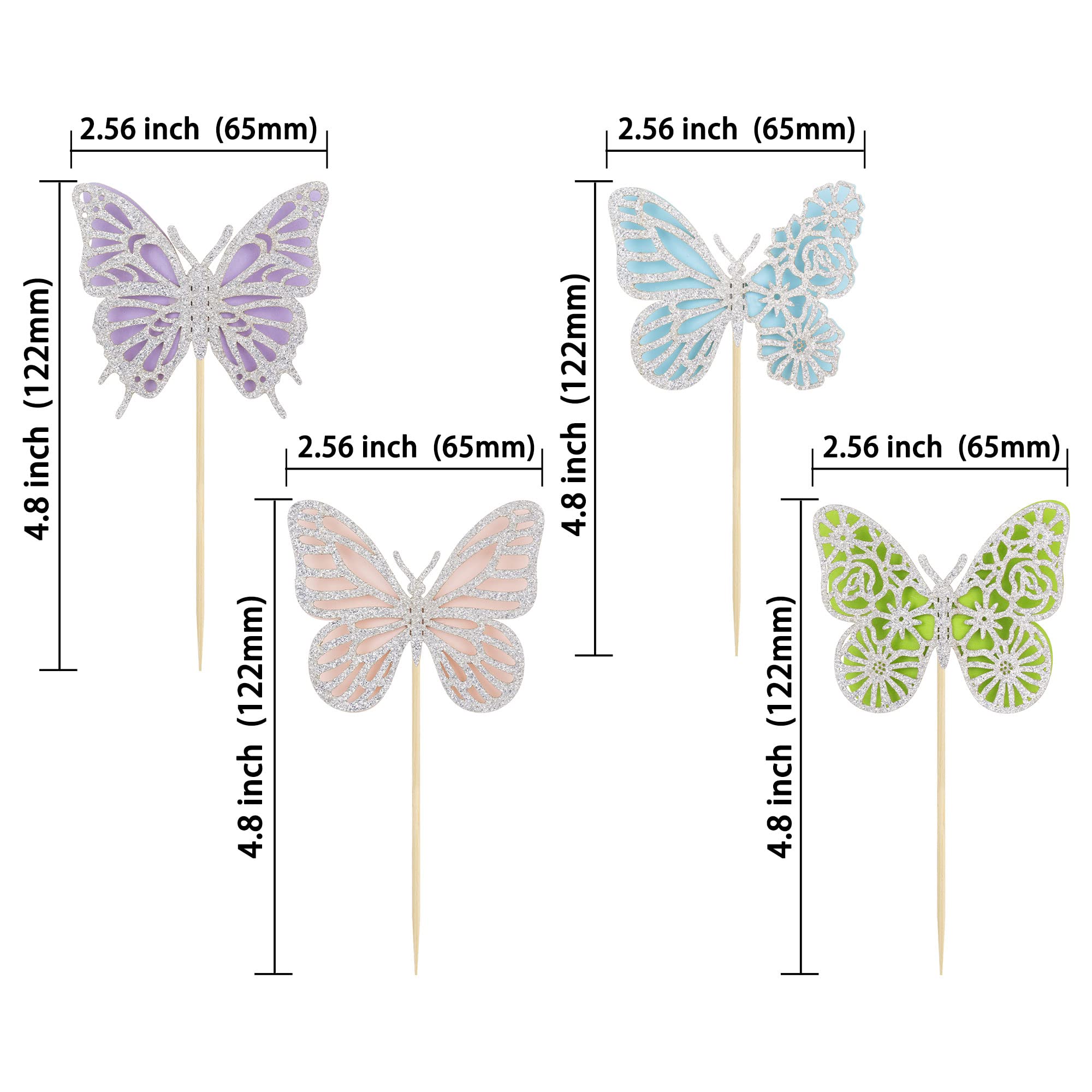 Gyufise 24pcs Butterfly Cupcake Toppers - Assembled Silver Glitter Colorful Double Layers 3D Butterfly Cupcake Picks - Wedding, Anniversary, Baby Shower, Kids Birthday Party Cake Decorations