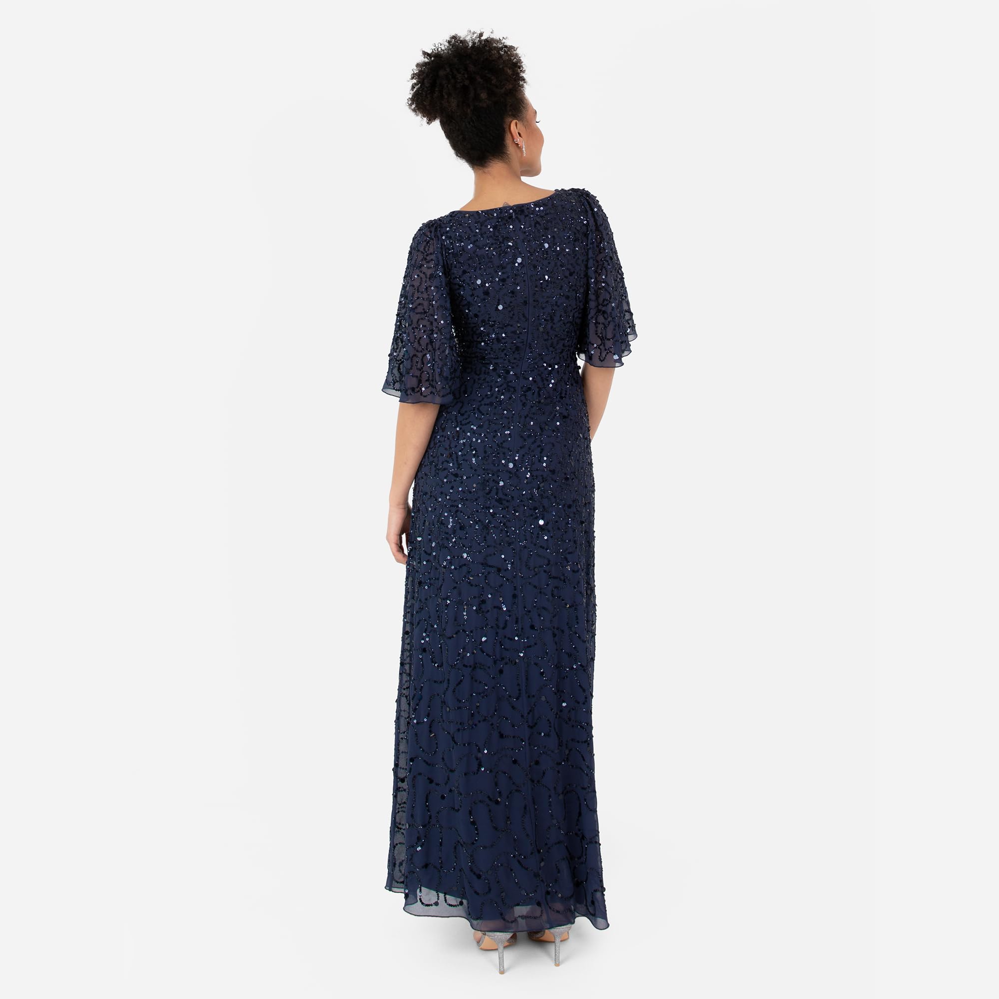 Maya Deluxe Damska sukienka maxi, dekolt w serek, krótka sukienka aniołowa, wybijana linia A Bridesmaid Wedding Guest Prom Ball Gown, granatowa, 44, granatowy, 44