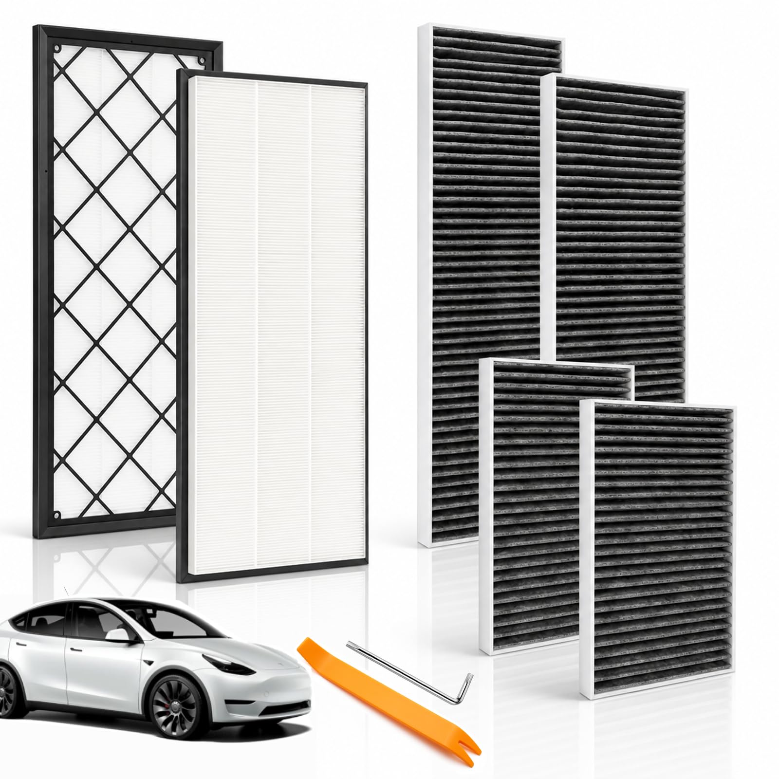 6-teiliges Set Luftfilter für Tesla Model Y 2 HEPA Filter+ 2 Aktivkohlefiltersatz+ 2 Innenraumfilter, mit Installationstools,Ersatz Kabinenluftfilter für Tesla Model Y Zubehör 2020-2026 Einschließlich