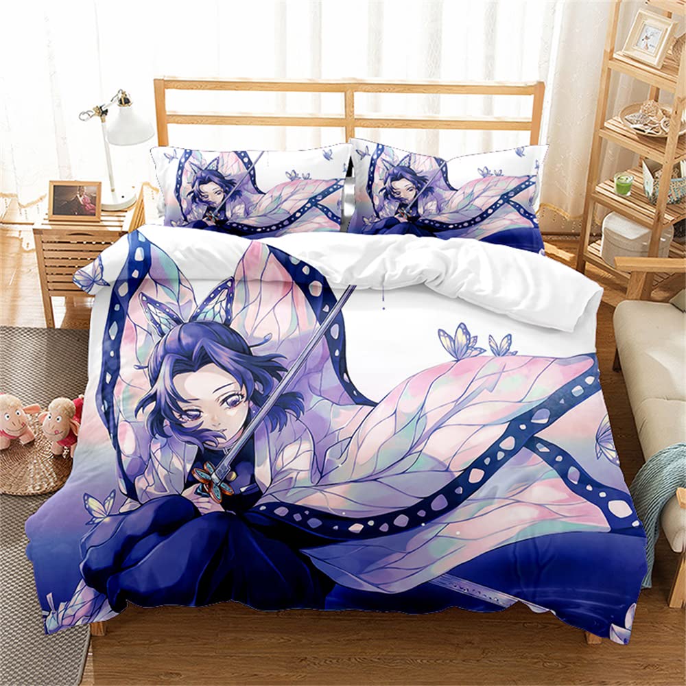 Duvet Cover Set 3Pcs Demon Slayer Bedding Set Soft Microfiber Easy Care Witn 2 PillowCases for Teens Girls Kids Reversible (135x200cm(Single),DS 04)