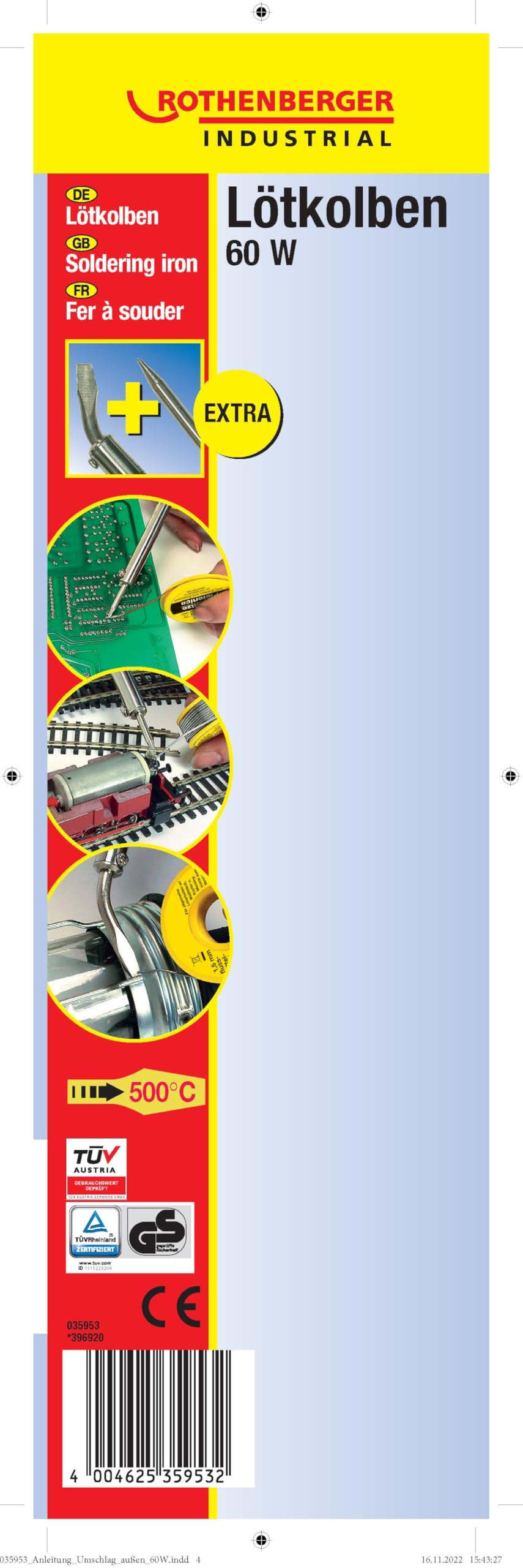 ROTHENBERGER Industrial Soldador profesional 60 W hasta 470° C., punta de soldadura extra roja/amarilla, 35953