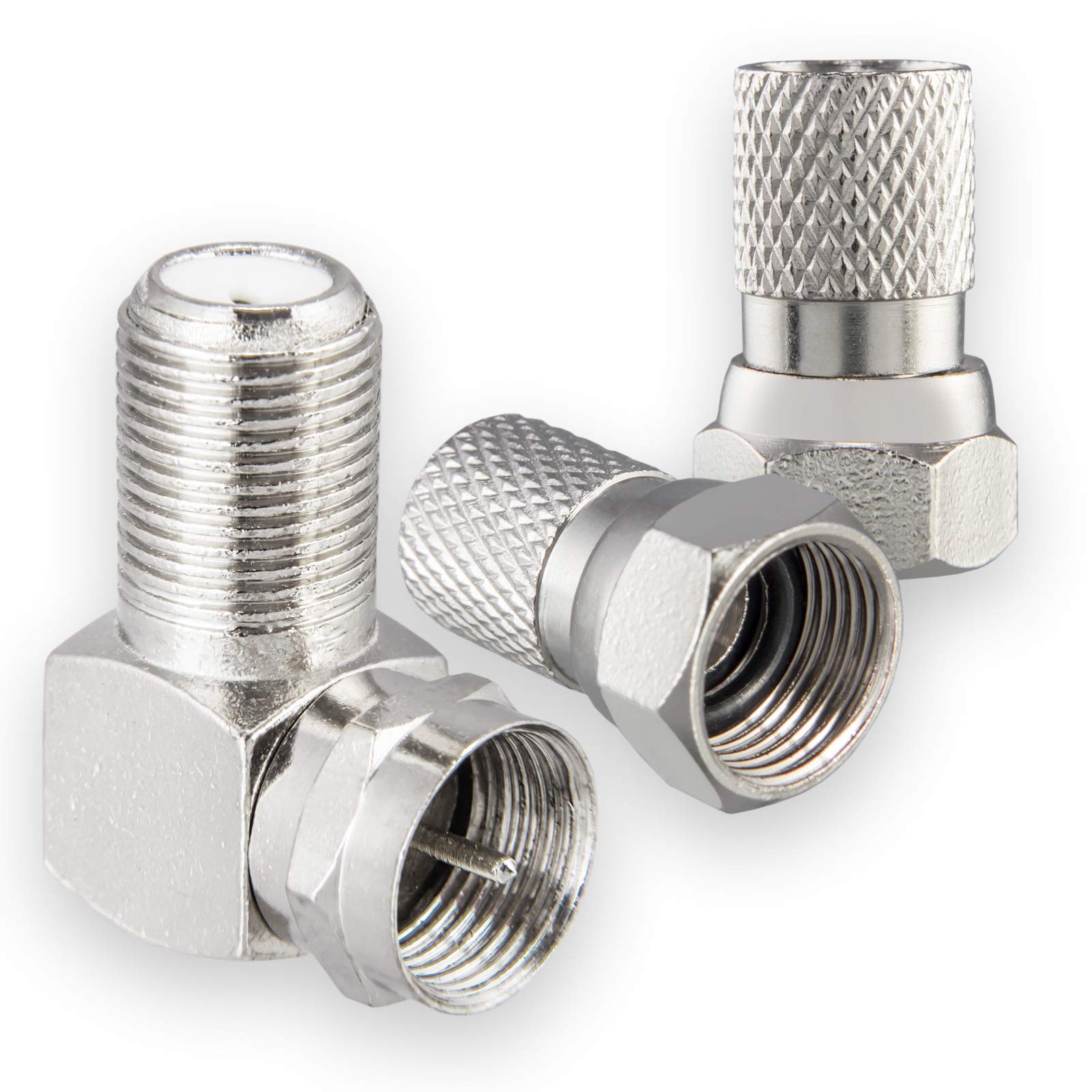 HB-DIGITAL Angle adapter set for satellite systems: 2x F-connector (nickel-plated) + 1x F-angle adapter [F-connector (SAT, male) to F-socket (SAT, female)] right angle corner connector 90° degree