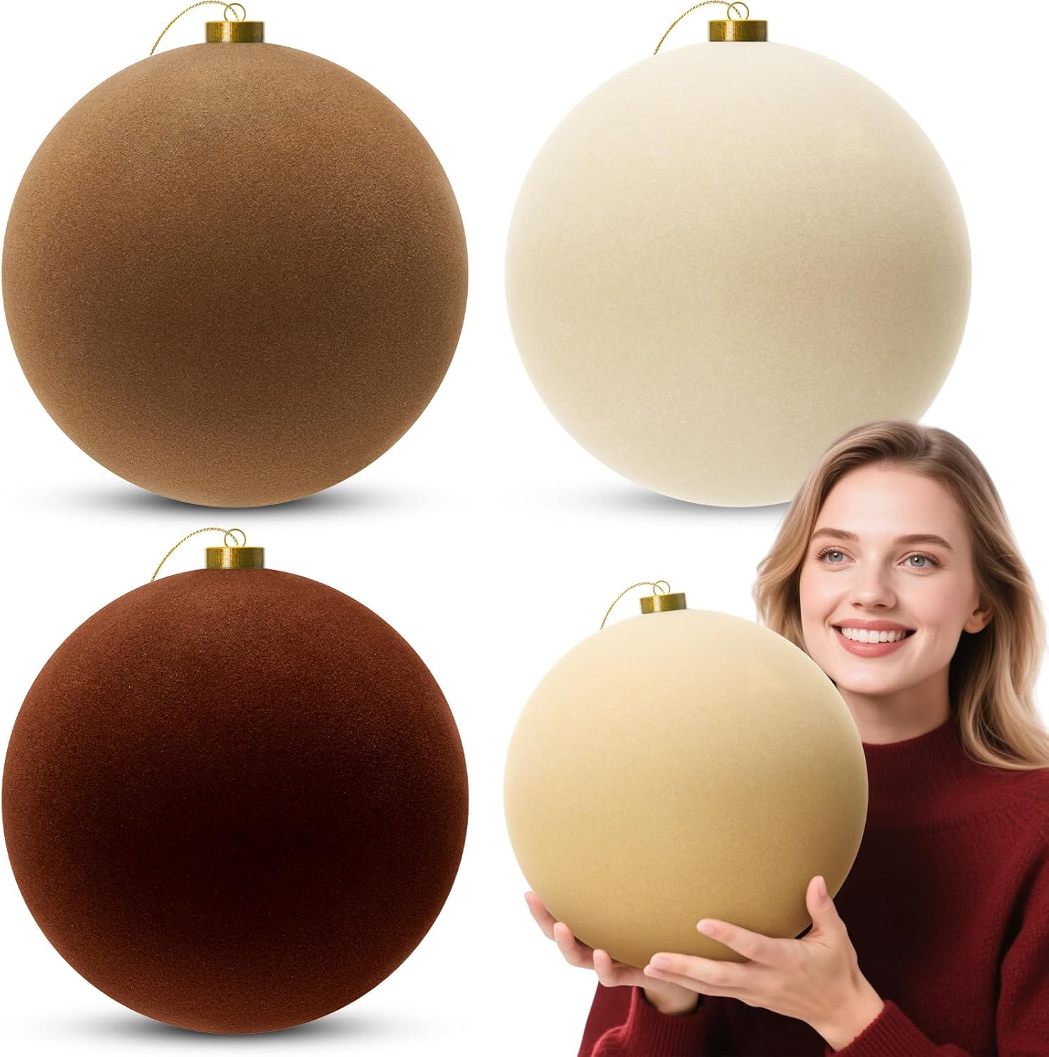 Liliful 4 Pcs 8 Inch Extra Large Velvet Christmas Balls Oversized Brown Christmas Ornaments Hanging Shatterproof Flocked Tree Decorations for Xmas Holiday Party Decor