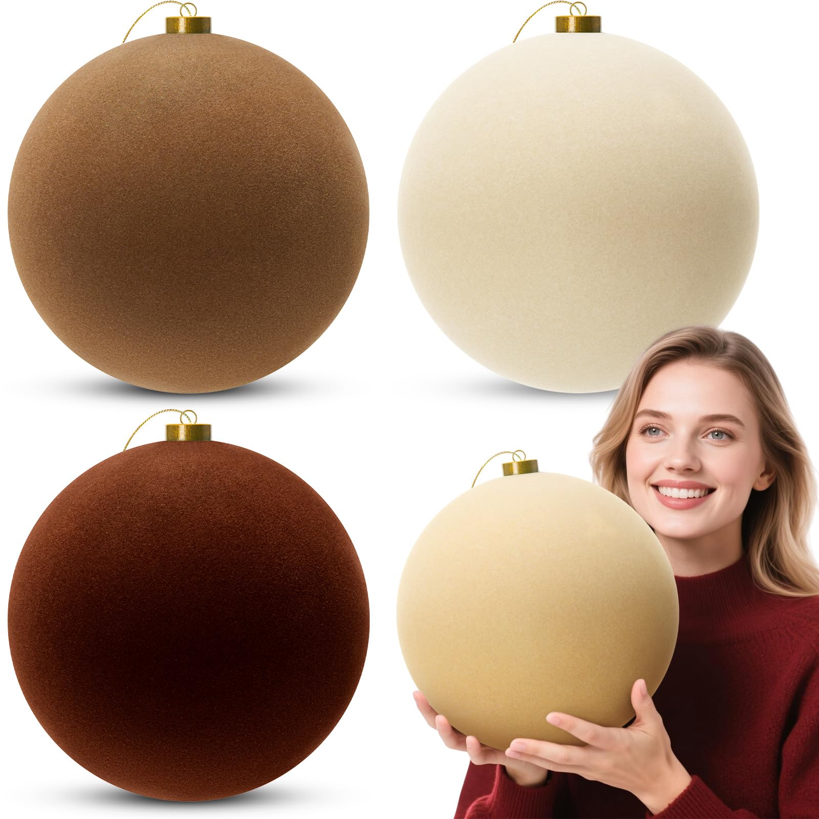 liliful 4 pcs 8 inch extra large velvet christmas balls oversized brown christmas ornaments hanging shatterproof flocked tree decorations for xmas holiday party decor