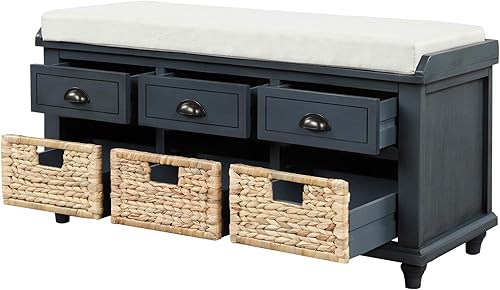 Miniatura 8 de Harper & Bright Designs TREXM - Banco de almacenamiento rústico con 3 cajones y 3 cestas de ratán, banco de zapatos para sala de estar, entrada