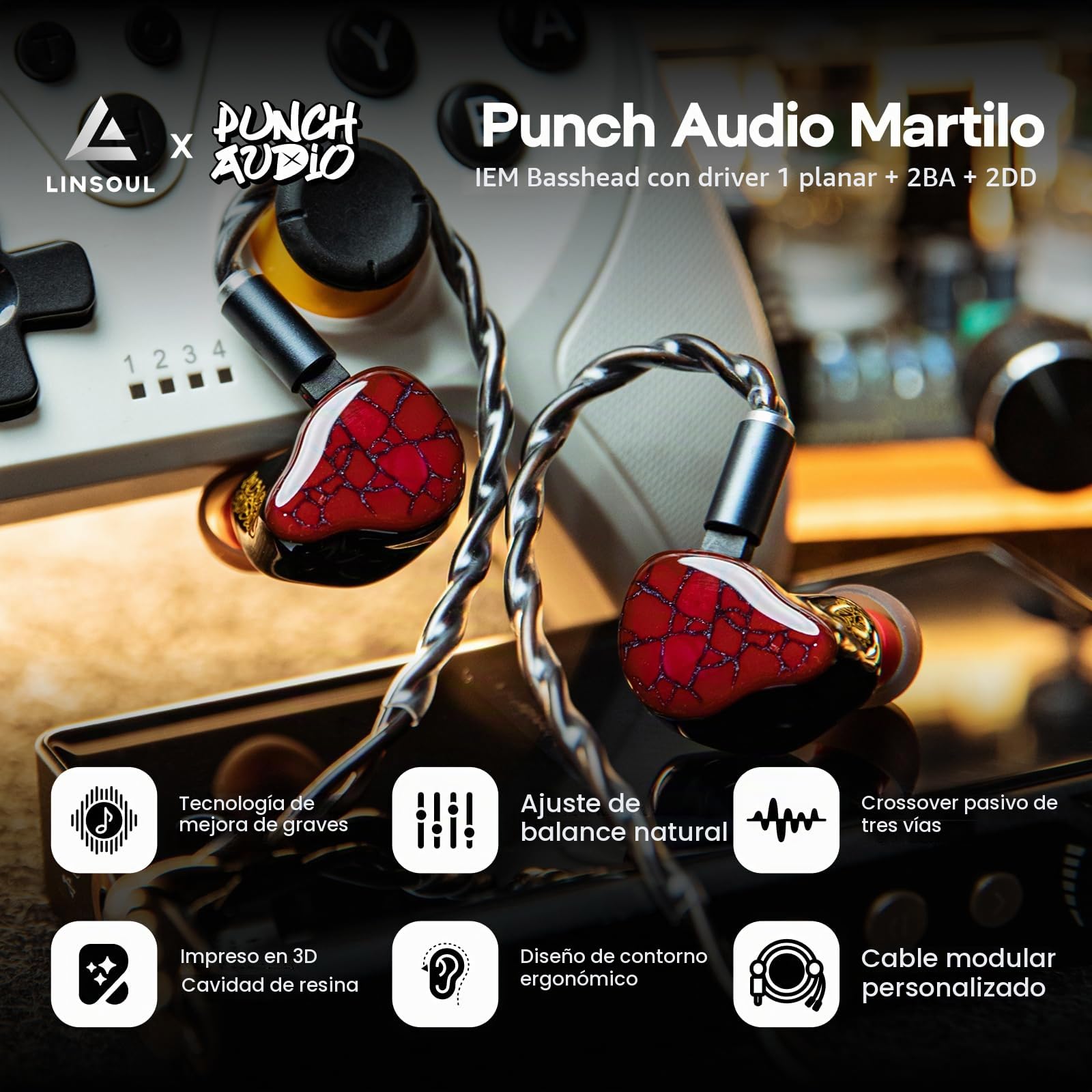 Linsoul Punch Audio Martilo In Ear Monitor,Auriculares IEM para Basshead con Controlador Híbrido 1Planar+2BA+2DD,Audífonos HiFi con Cable,con Precisión para Monitoreo de EDM Hip-Hop