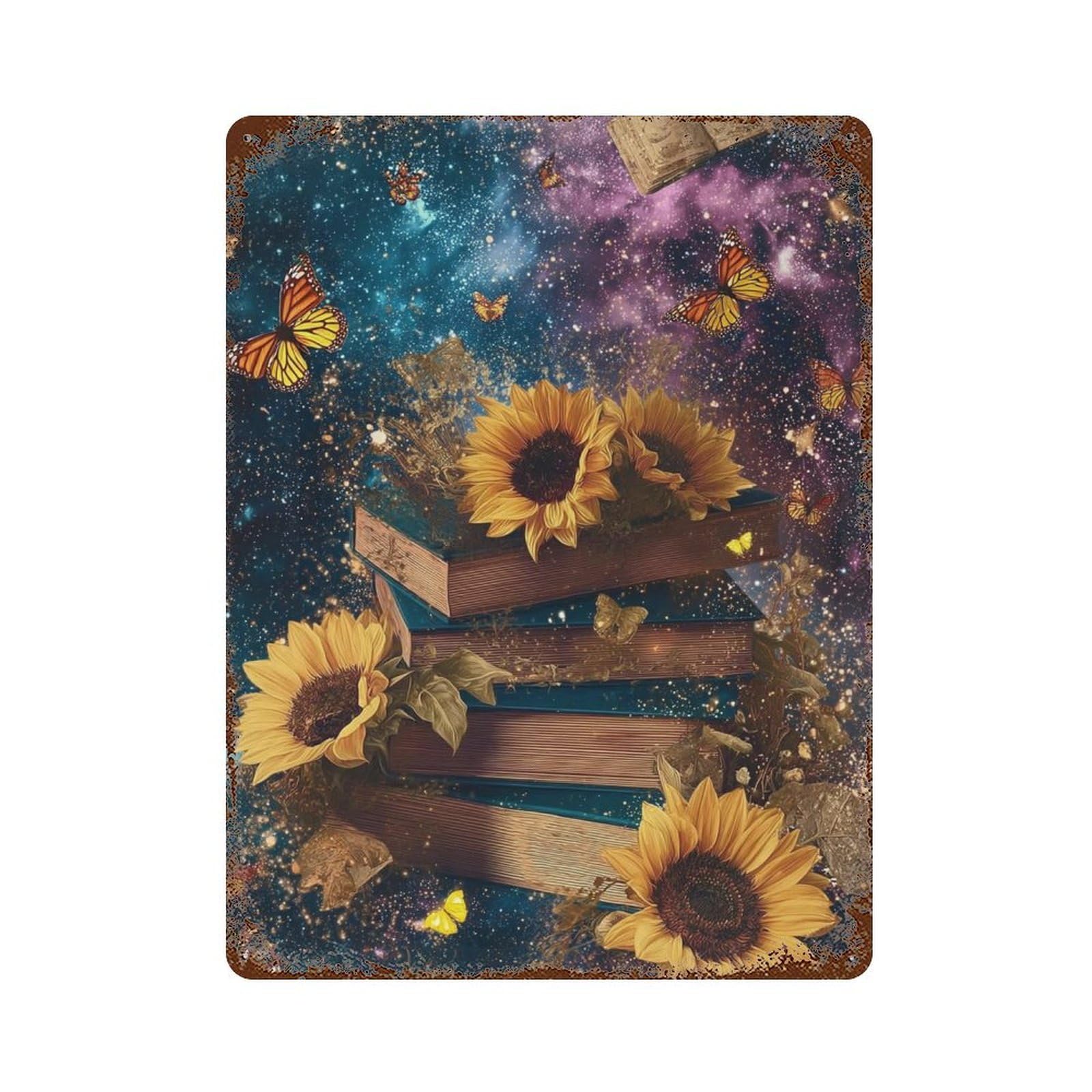 Rust Effect Galactic Book Stack with Sunflowers Rustic Tin Plaque 15.7"x11.8", Shabby Chic Decor for Basement, Hobby Room And Garage Decor