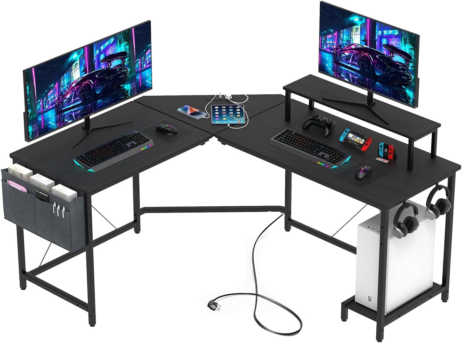 Bureau Gaming Angle, Bureau d'angle Gaming avec 2 Prises Electriques et 2 Ports USB, 135 * 160 * 75 cm Table Gaming d'Ordinateur avec Support d'écran Bureau Noir