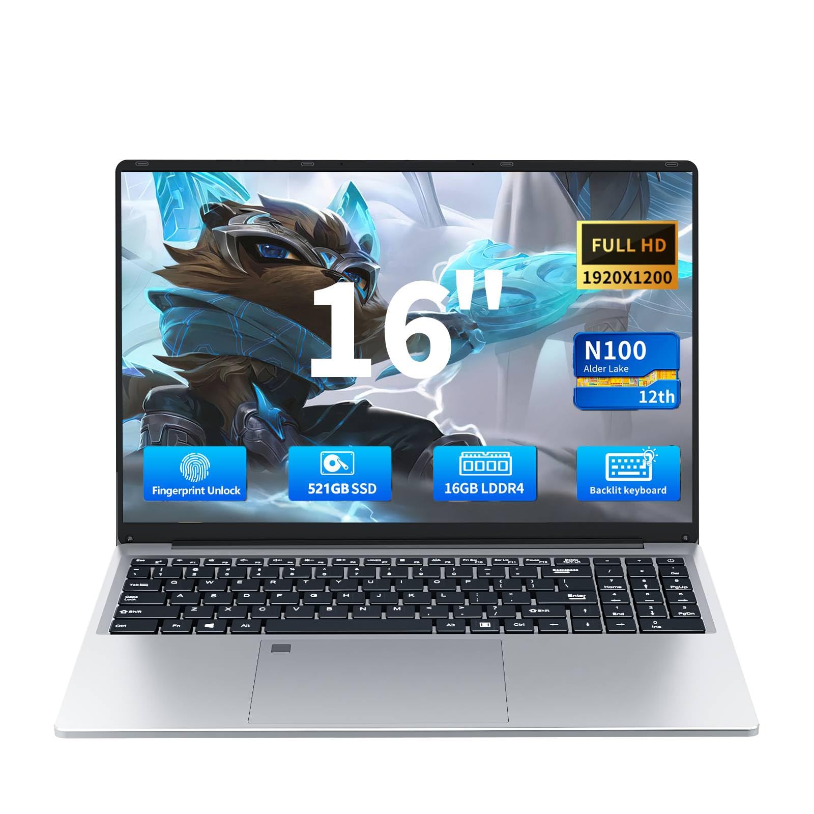 16" Ordenador Portátil Celeron N100 CPU,Portátil 16GB RAM 512GB SSD, 1920 x 1200P, Laptop Win11, PC Portatil Teclado Retroiluminado,Desbloqueo Huellas Dactilares,Webcam, Wi-Fi 5, BT5.0, USB 3.0 * 2