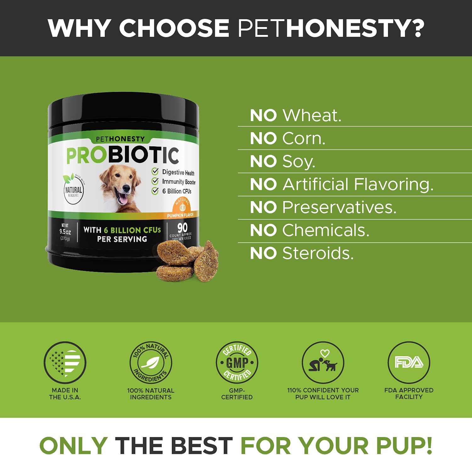 PetHonesty Probiotics for Dogs, 90 All-Natural Advanced Dog Probiotics Chews with Prebiotics & Pumpkin, Relieves Dog Diarrhea and Constipation, Improves Digestion, Allergy, Immunity & Health (Pumpkin) : Pet Supplies
