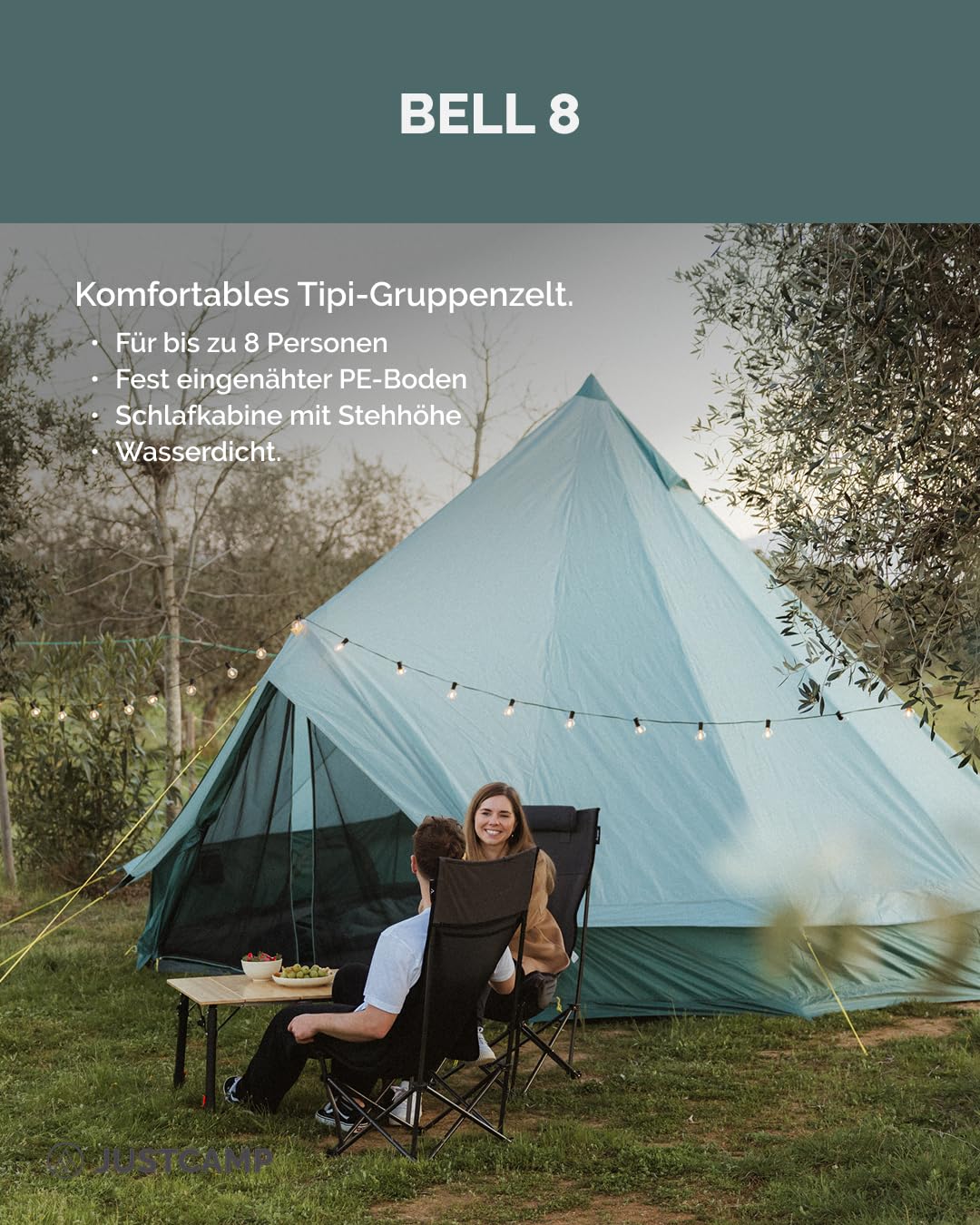 JUSTCAMP Bell Tipi Zelt für 4-12 Personen - Familienzelt Grau oder Mint