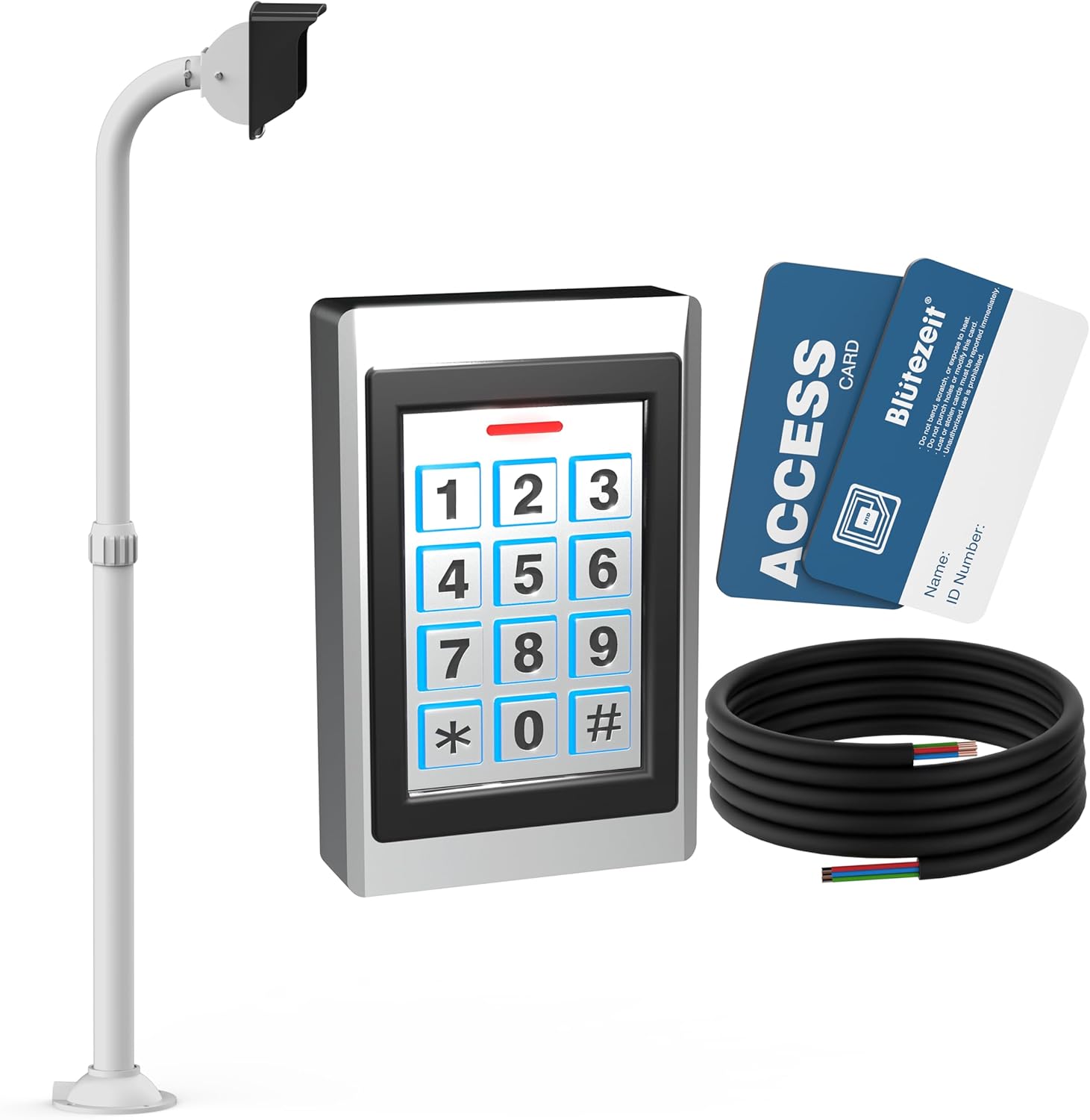 Blütezeit Wired Keypad + White Pedestal Post – Adjustable Height 23.6–47.2", IP68 Waterproof Keypad Mount for Sliding & Swing Gates