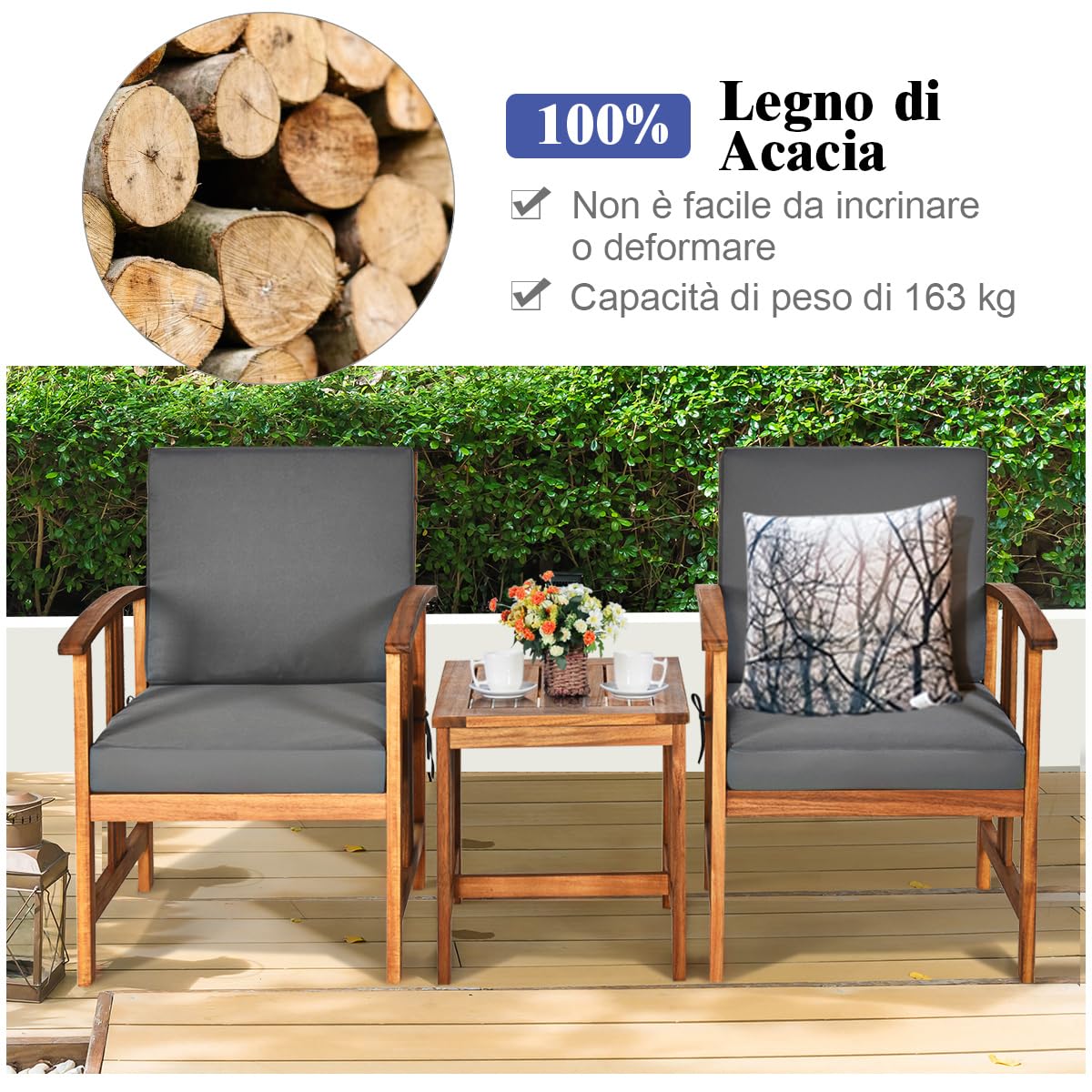 RELAX4LIFE Tavolo da Giardino con Sedie, Tavolo da Esterno con Piano a Doghe e 2 Poltrone con Cuscini, Braccioli Curvi, Set da Mobili in Legno di Acacia per Cortile, Bordo Piscina, Portata 180KG+75KG