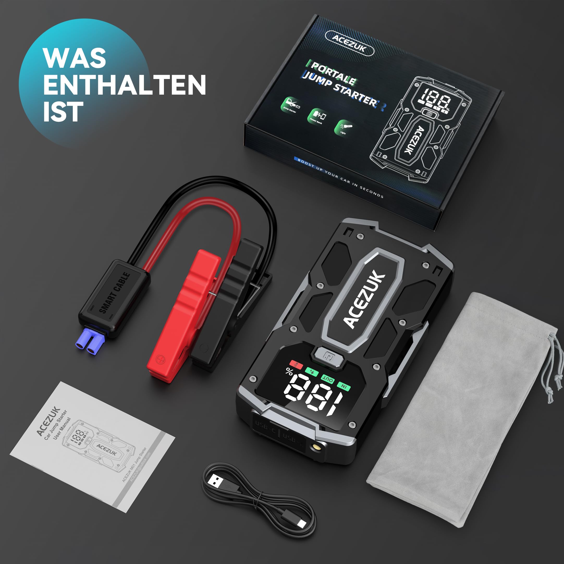 ACEZUK Starthilfe Powerbank 8000A, Leistungsstarker 12V Autobatterie Booster für PKW, SUV, Motorrad und Rasenmäher, Startet bis zu alle Benziner &10.0L Diesel, LCD-Großdisplay, LED-Notlicht