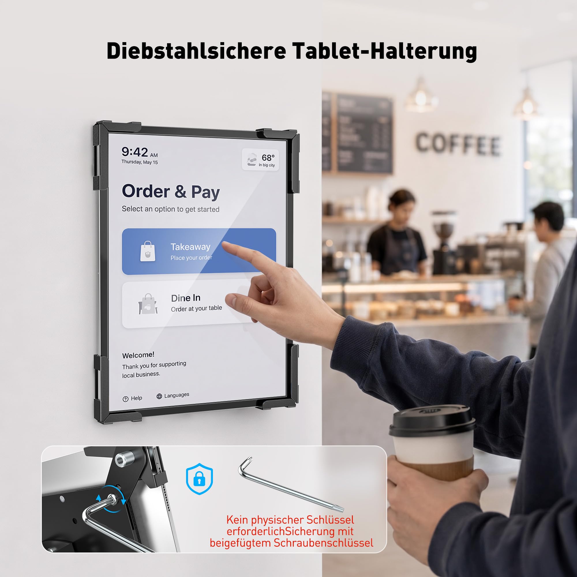 AboveTEK Tablet Wandhalterung mit Diebstahlschutz, Abschließbare Stahl-Halterung 360° drehbar, geeignet für 9.7–13 Zoll Tablets, für Empfang, Besprechungsraum, Kasse/POS & Einzelhandel（Schwarz）