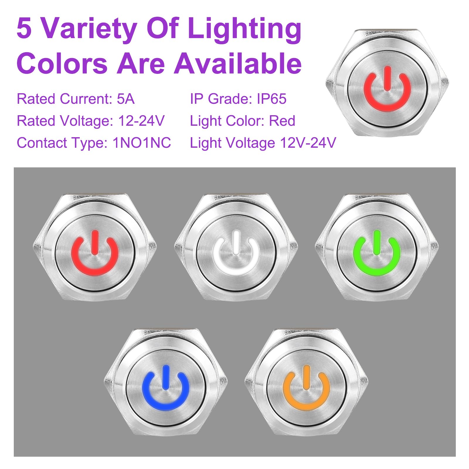 DMiotech 19mm / 3/4" Stainless Steel Latching Push Button Switch Flat Head 5A 12-24V Silver Shell with Welding Foot Red LED 1NO1NC for Car Boat Systems Custom Setups - Image 3