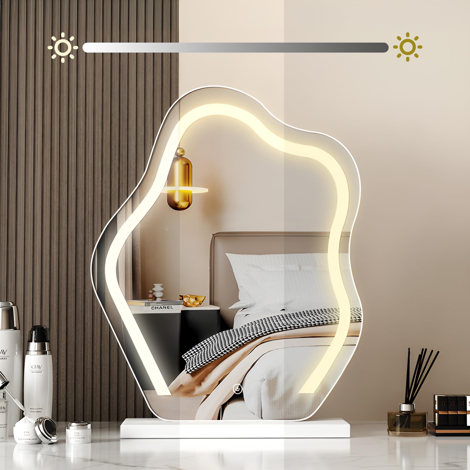SHARPDO Coiffeuse avec Miroir LED, Caisson Aspect Simili Cuir & Plateau en Verre Trempé, Table de Maquillage avec 4 Tiroirs, Extensible 80 à 110 cm, Blanc, Compacte pour Chambre