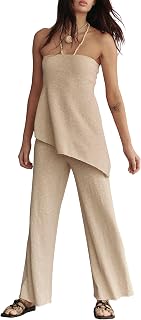DURUNUL Women's Summer Knit Sweater Sets: Off-Shoulder Tube Top & Wide-Leg Pants 2-Piece Lounge Vacation Outfit