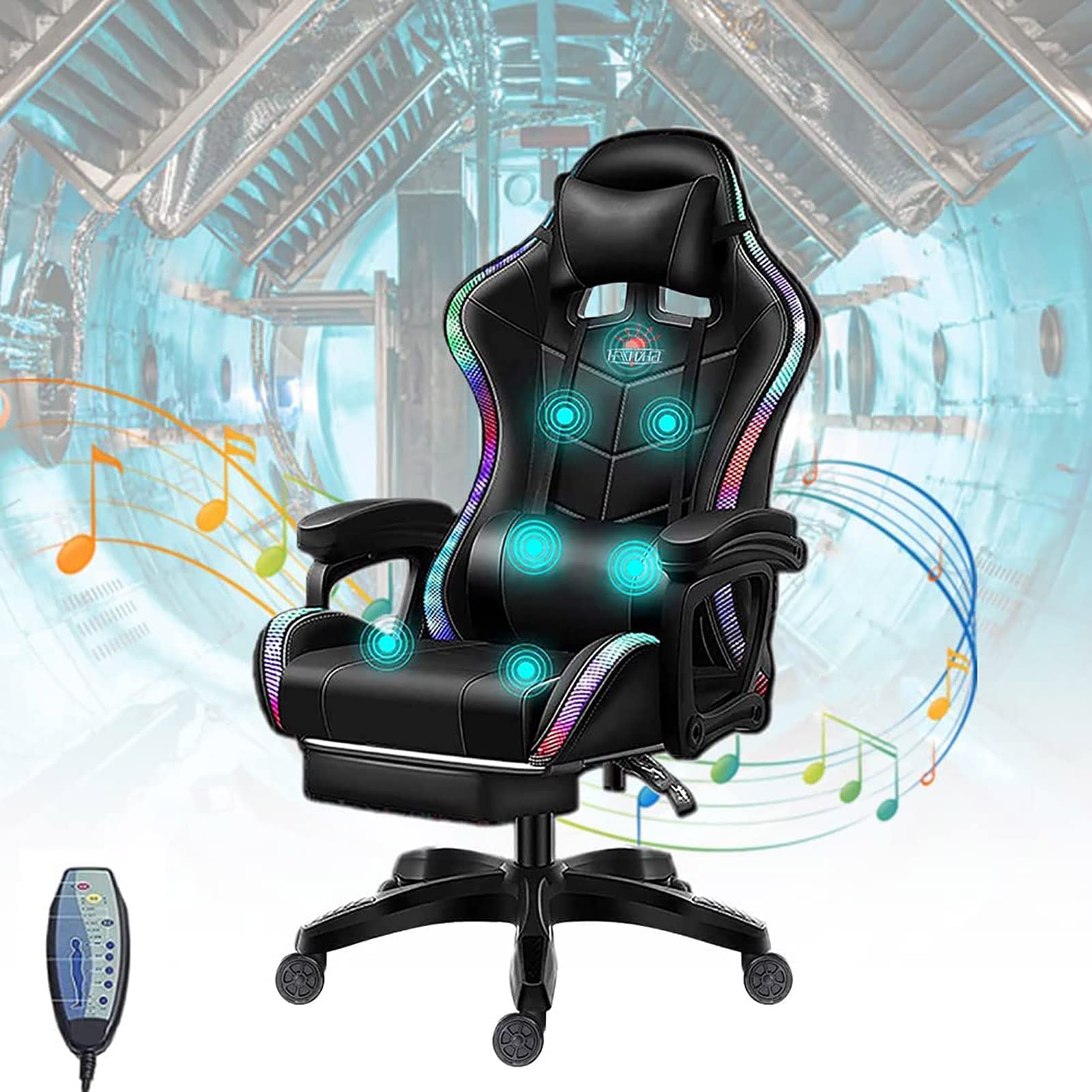 Chaise de joueur LED de massage complet et haut-parleurs noirs