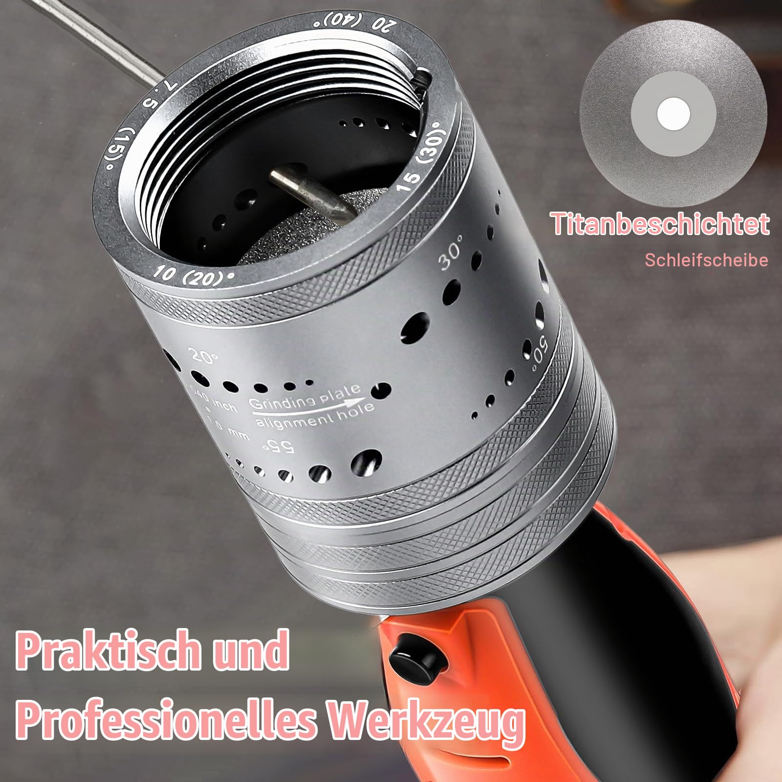 12V Wolfram Elektrodenschärfer-Set für WIG-Schweißen, 6 Größen, 8 Winkel, kabelloser Wolframschleifer zum WIG-Schweißen mit flachem Schleifblock, Trennschlitz, mehreren Winkeln und Versätzen