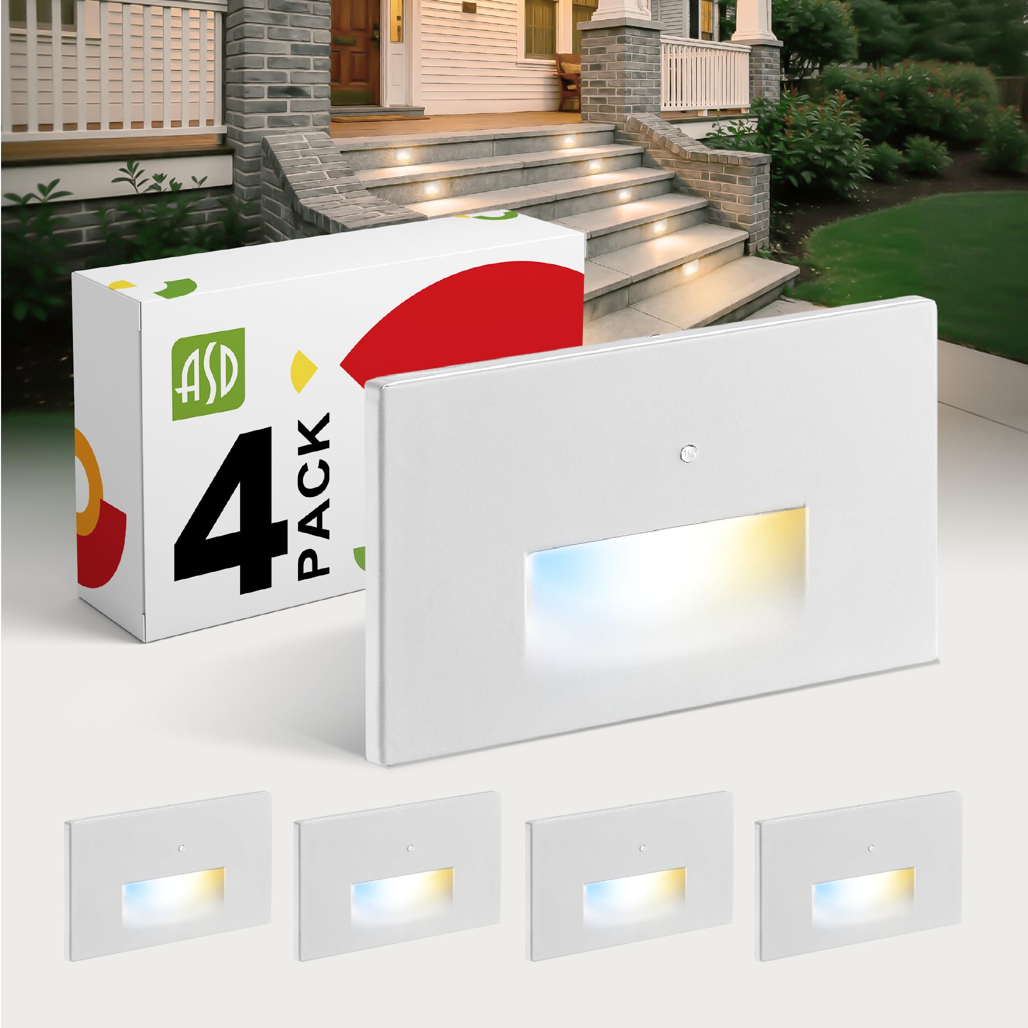 ASD LED Recessed Step Light Fixture, Dusk to Dawn Outdoor Stair Tread Lighting | 3CCT, Photocell, Waterproof, ETL Listed | 3W 120LM 3000K-5000K 120V | Staircase Hardwired Illumination | White, 4 Pack