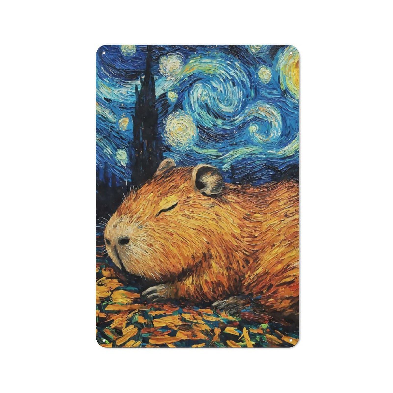 Junmoney Style-8 Tin Wall Plaque 30X20cm With Capybara Sleeping Starry Night For Man Cave Or Games Room, A Christmas Gift For Leisure-Room Decor Enthusiasts
