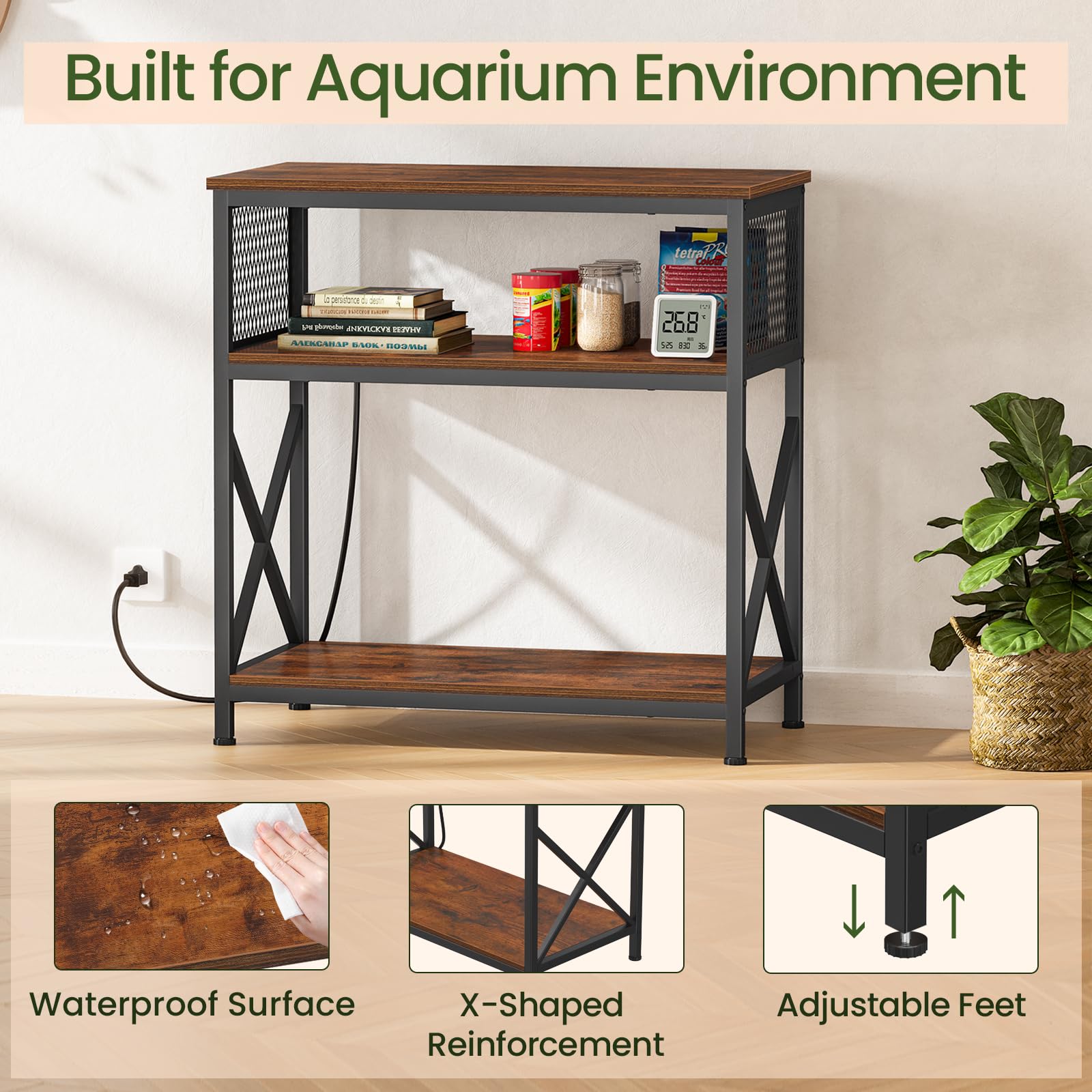 Snughome Support d'aquarium de 75 litres avec station de charge, support d'aquarium robuste avec armoire de rangement, support d'aquarium en métal pour aquariums de 60 de long, 85 et 90 litres