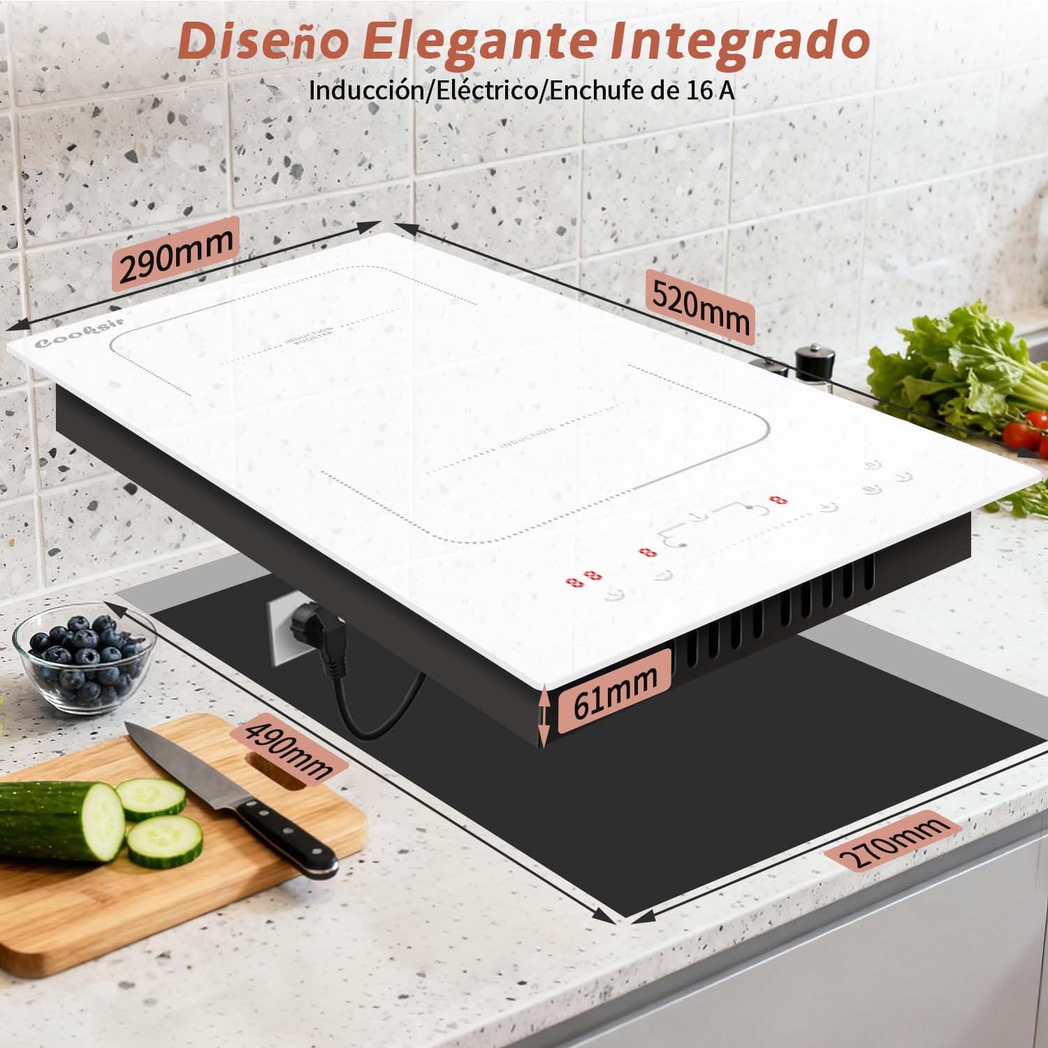 Placa de Inducción Blanca de 2 Fuegos, Induccion Dos Fuegos Blanco | Zona Flexible, Función de Boost, Temporizador, Bloqueo de Seguridad, 220 V ~ 240 V, 3500 W, con Enchufe