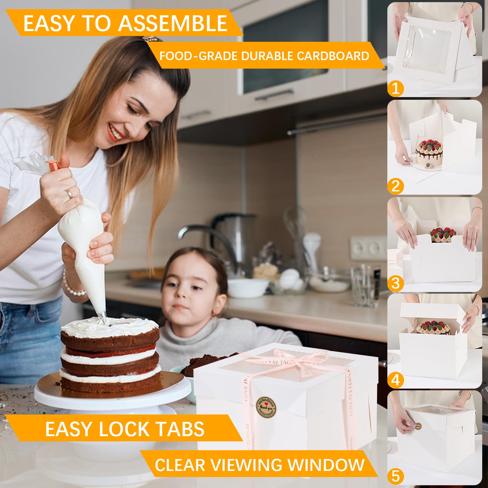 Set di 5 Scatola per Torta, 30,5x30,5x20,3cm, Bianche Scatole per Dolci in Cartone, Scatole per Torte con Finestra Vassoi, Porta torta cartone per Dessert, pasticcini (A)