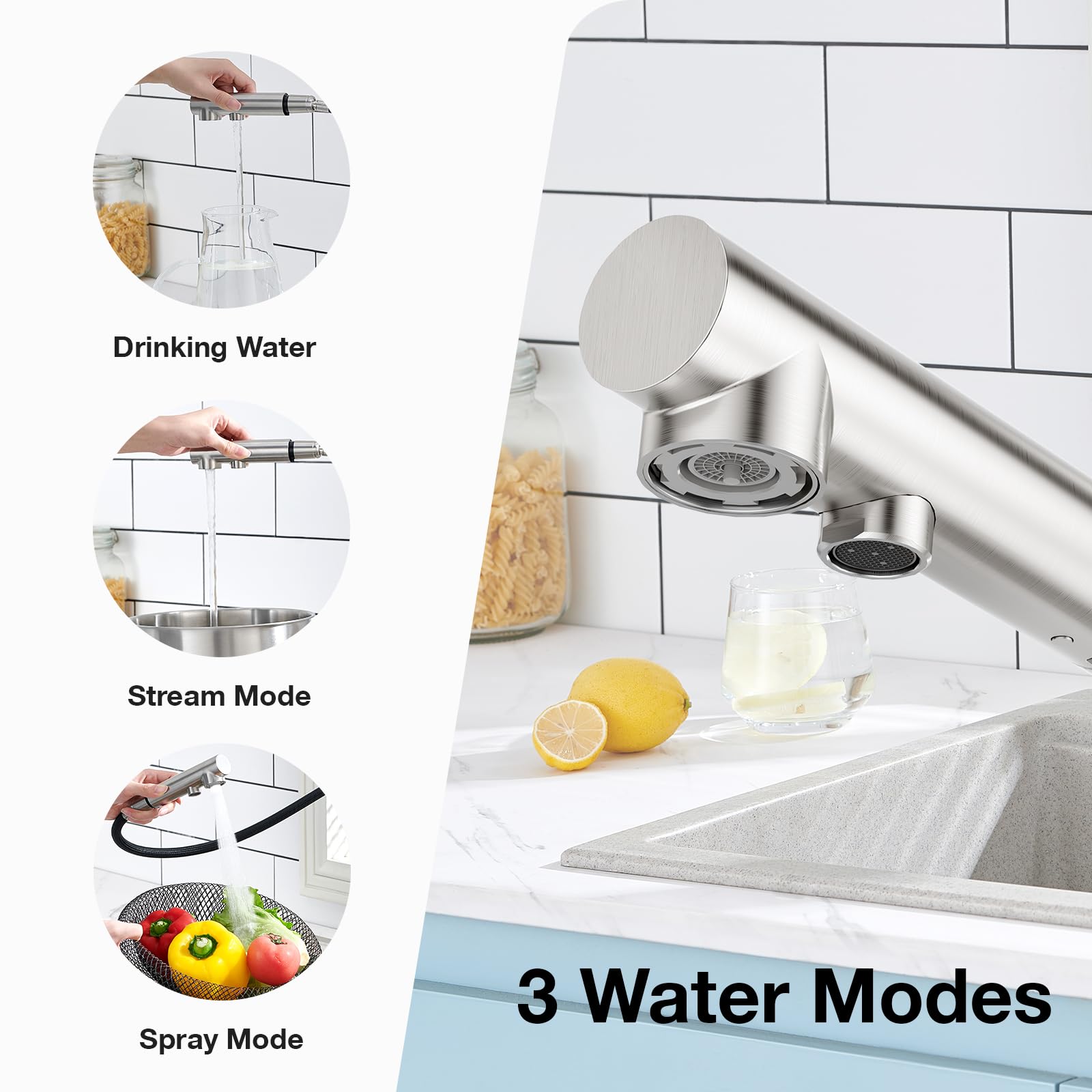 Faustina Robinet de cuisine à 3 voies, Robinet d'évier de cuisine avec pulvérisateur extractible à double poignée, Robinet de cuisine à levier à ressort, Filtre à eau 3 en 1, Robinet rotatif à 360° en
