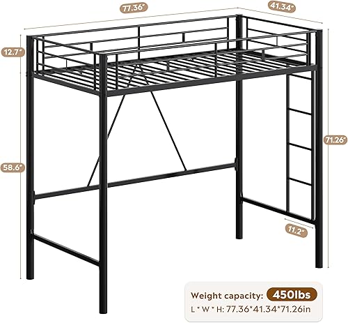 Miniatura 2 de WLIVE Cama alta individual, cama alta de metal resistente, tamaño individual con protector de seguridad y escalera, sin ruido, no necesita somier,