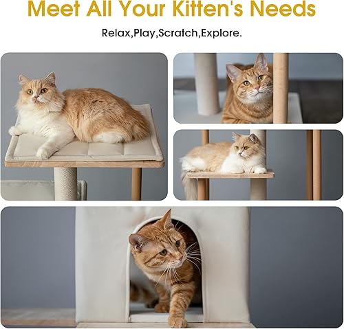 Miniatura 6 de MWPO Árbol moderno para gatos torre de madera de lujo de 63 pulgadas para gatos de interior perchas grandes con cojines suaves condominio para gatos