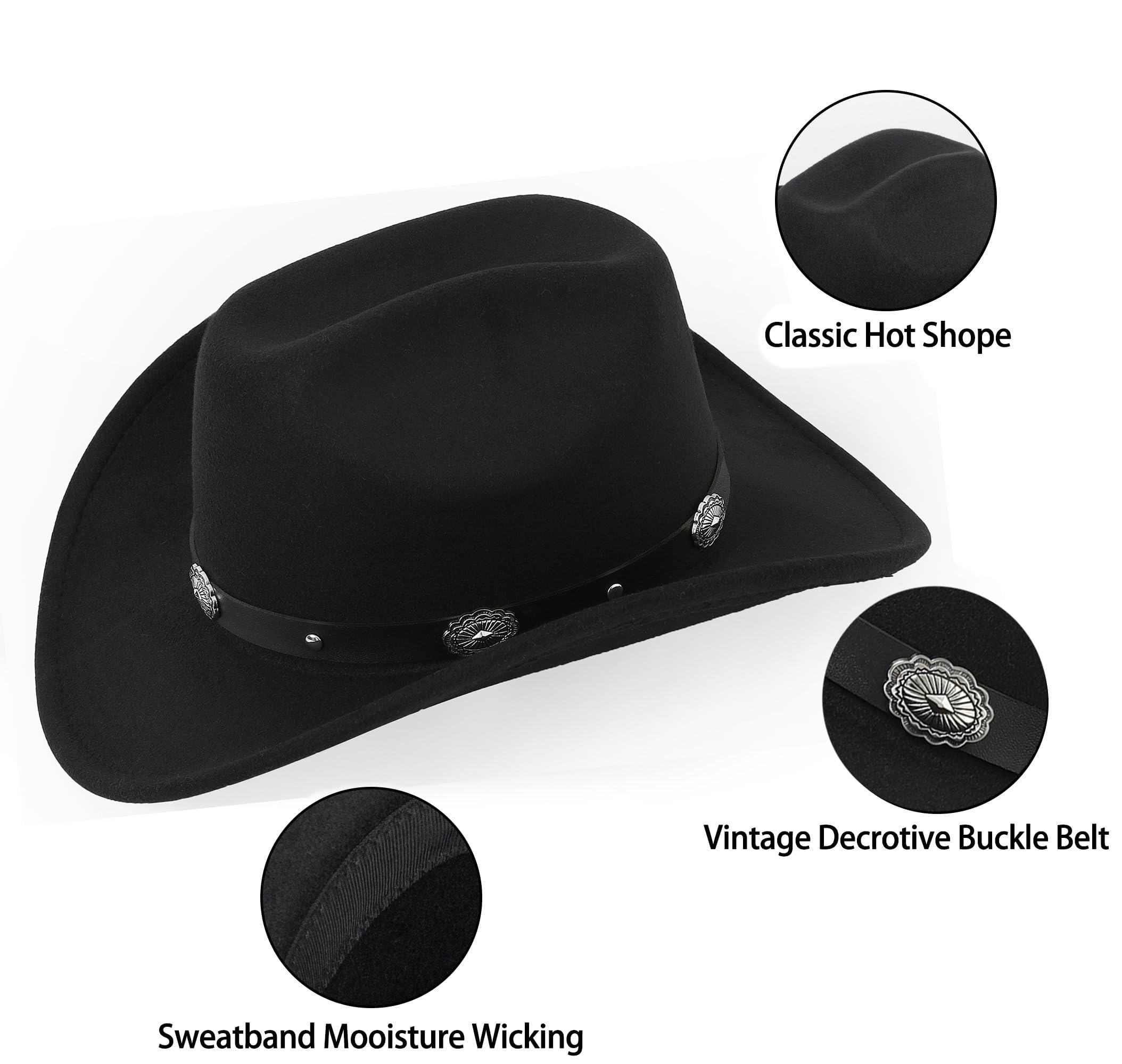 Cappello da cowboy classico occidentale a tesa ribassata in feltro, cappello da cowgirl, cappello da rodeo con cintura, per donne e uomini (adatto per 56,9-58,9 cm)