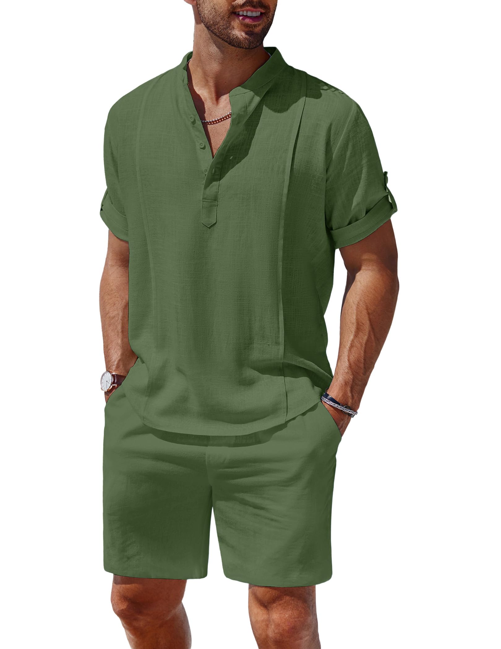 COOFANDY Men's 2 Pieces Linen Set Henley Shirt Short Sleeve and Shorts Summer Beach Yoga Matching Outfits