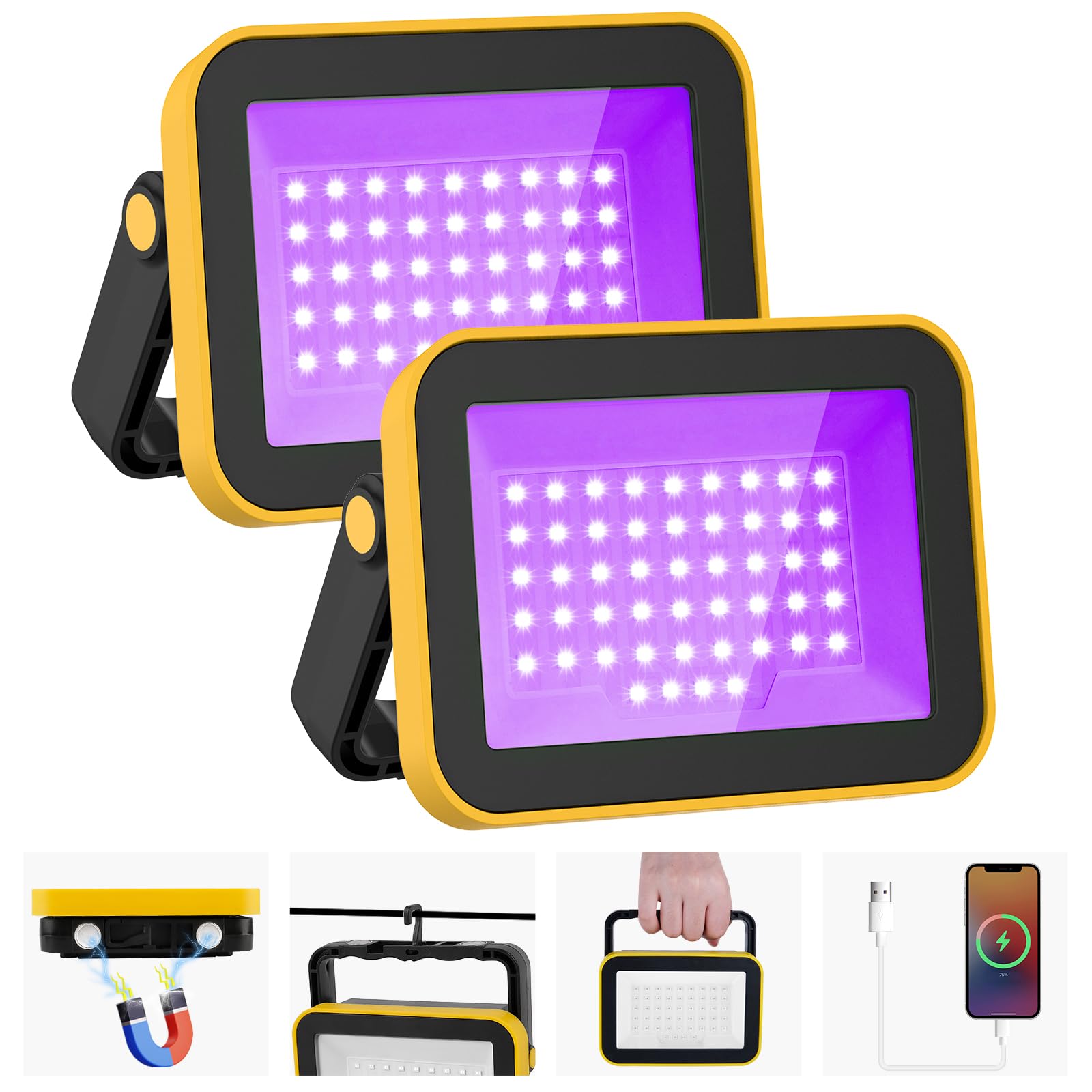 T-SUNUS Foco LED Negra Recargable, 2 Piezas Luz Negra UV con Batería, 2 Niveles de Intensidad, Impermeable IP66, Lámpara de Escenario con Imán, para Halloween Navidad Fiestas Bar