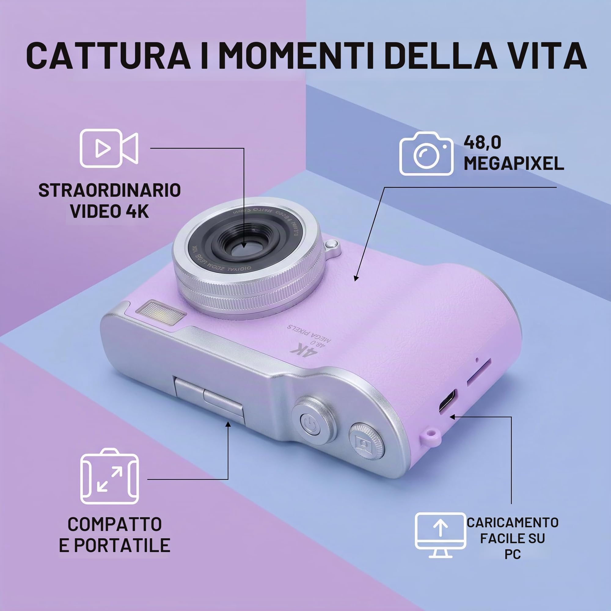 Tbest Fotocamera Digitale 1080P 48MP Ad Alta Risoluzione, Display HD da 2,4 Pollici, Zoom Elettronico Video 18X per Viaggi All'aperto, ABS, Metallo, Compatta (Viola)