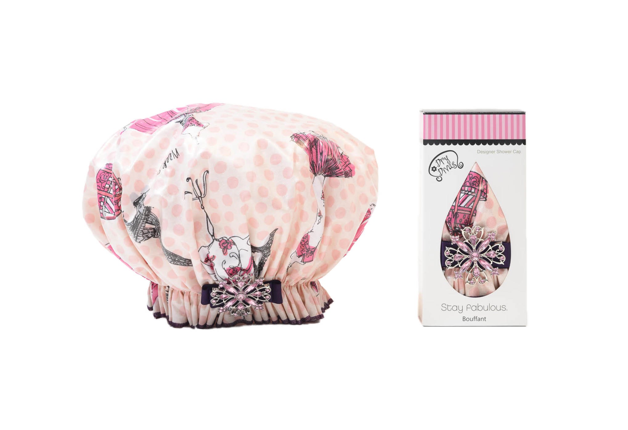 Designer Shower Cap - Washable, Reusable - Bouffant With Vintage Jeweled Brooch (Eiffel In Love With U)