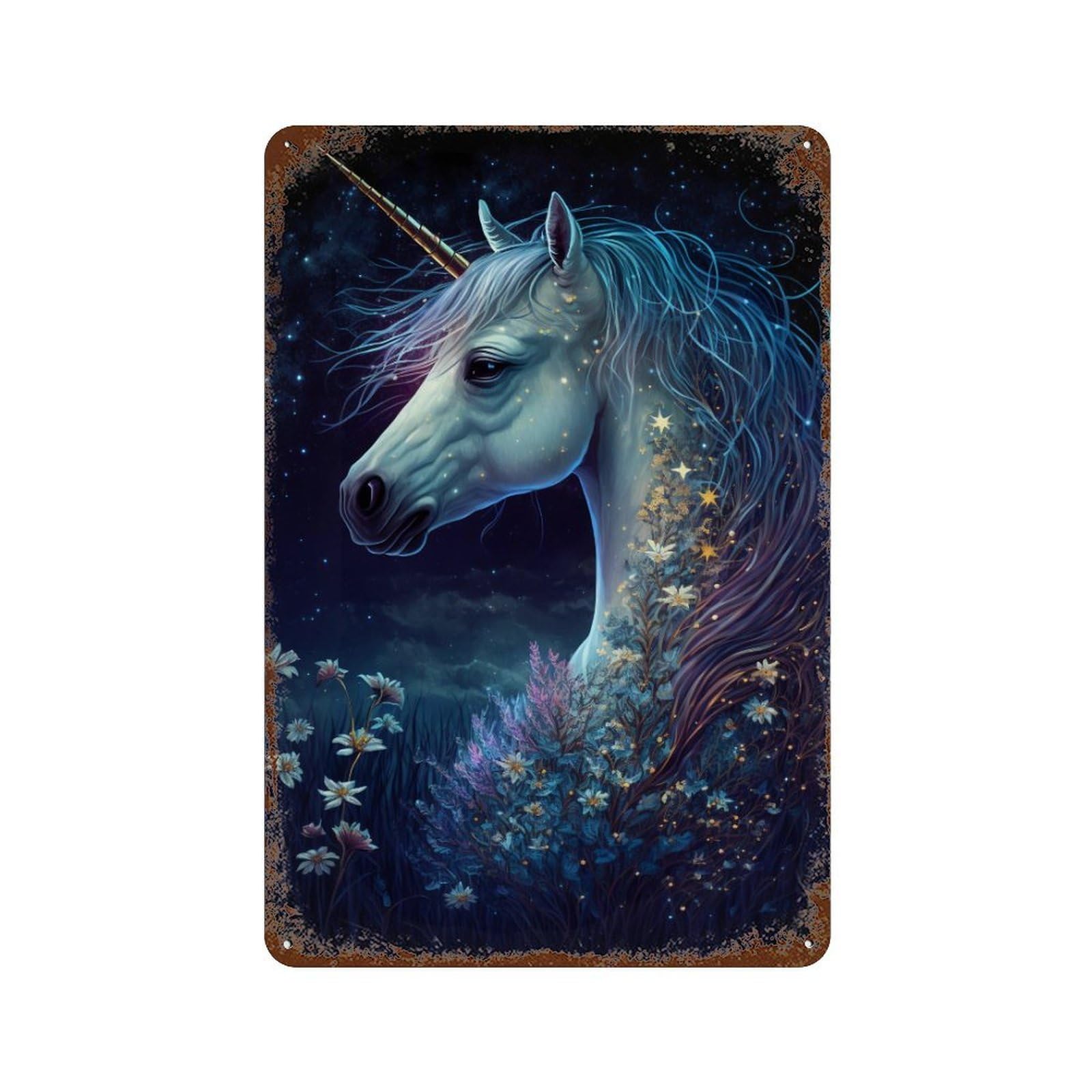 Rusty Metal Tin Sign with Enchanted Unicorn Fantasy Art Print -1 Design 11.8"x7.9", for Shed, Workshop And Garage Wall Decor, Classic Wall Plaque