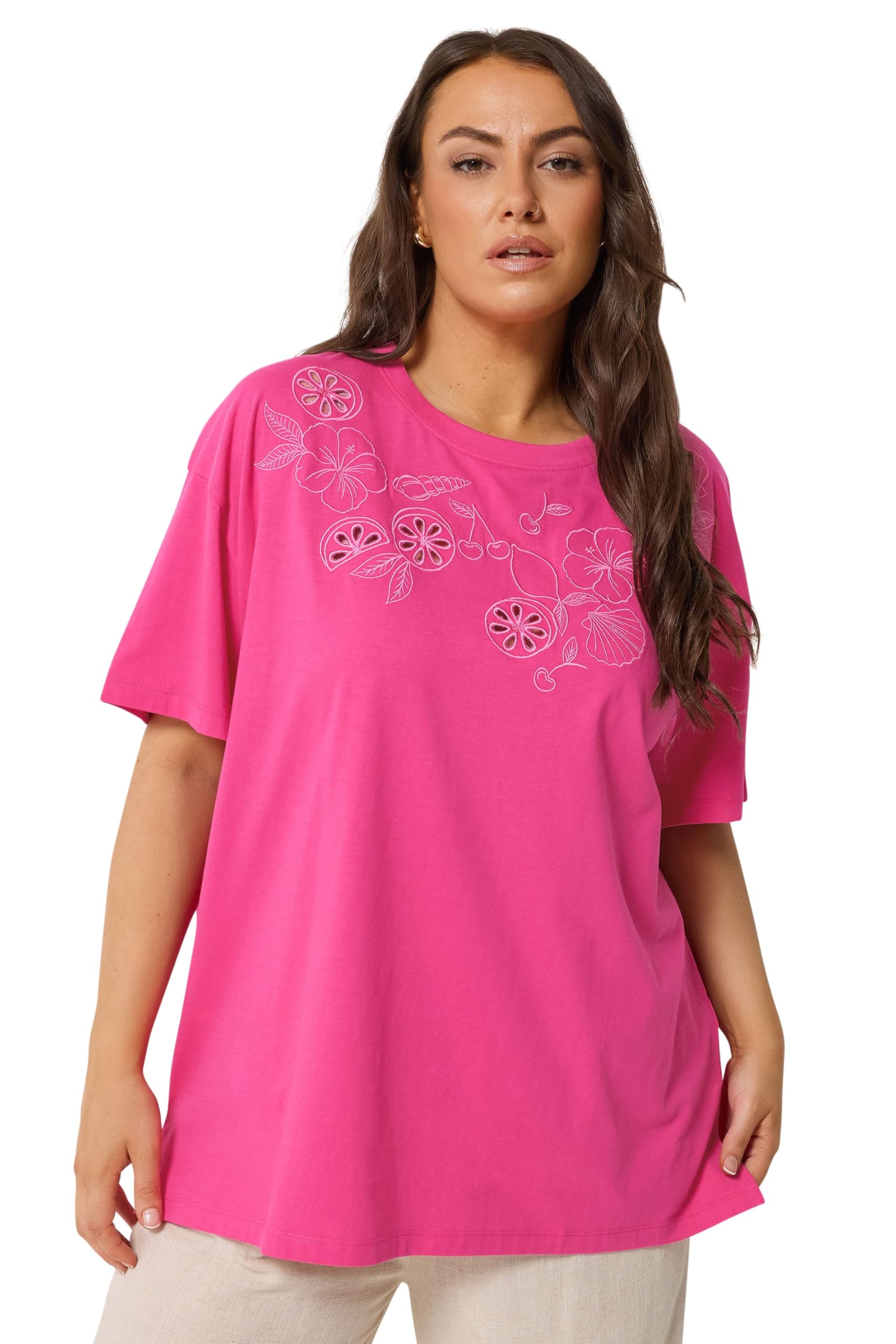 Yours Women's Pink Embroidered Fruit T-Shirt In | Size: 30/32