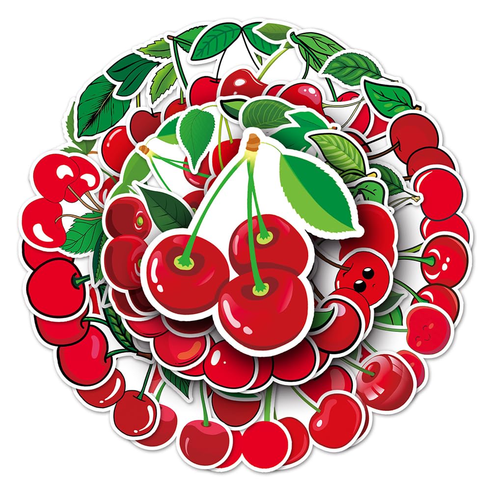 Red Cherry Vinyl Stickers, 50 PCS Waterproof Cartoon Fruit Decals for Laptops Scrapbooking, Journals, Notebooks