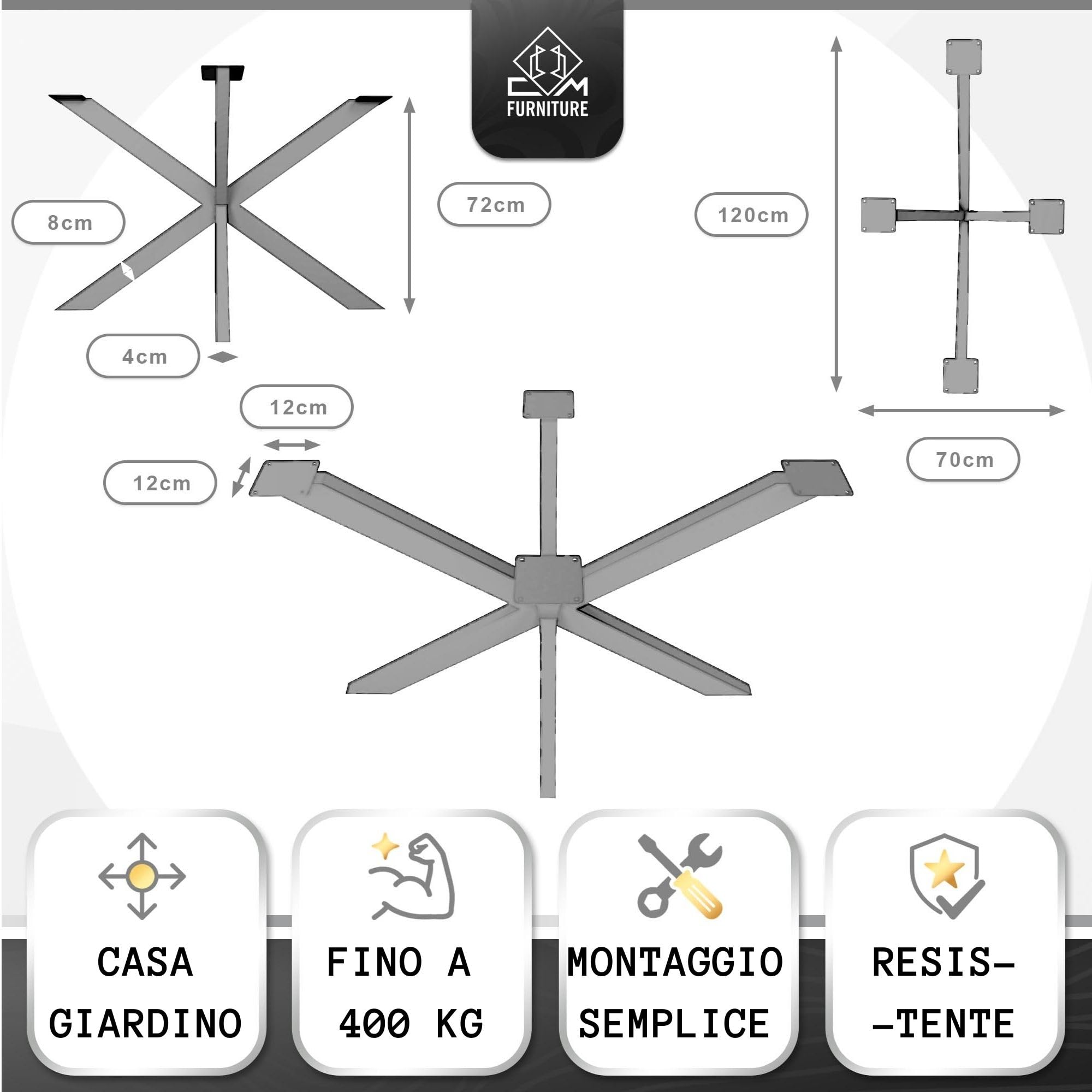 Gambe Per Tavolo Antracite Telaio del tavolo Spider altezza 72 cm - Forma A Stella - 70x72x120 cm - Gambe per Mobili DIY, Piedi, Struttura, Piedini per Tavolo da Soggiorno, da Conferenza
