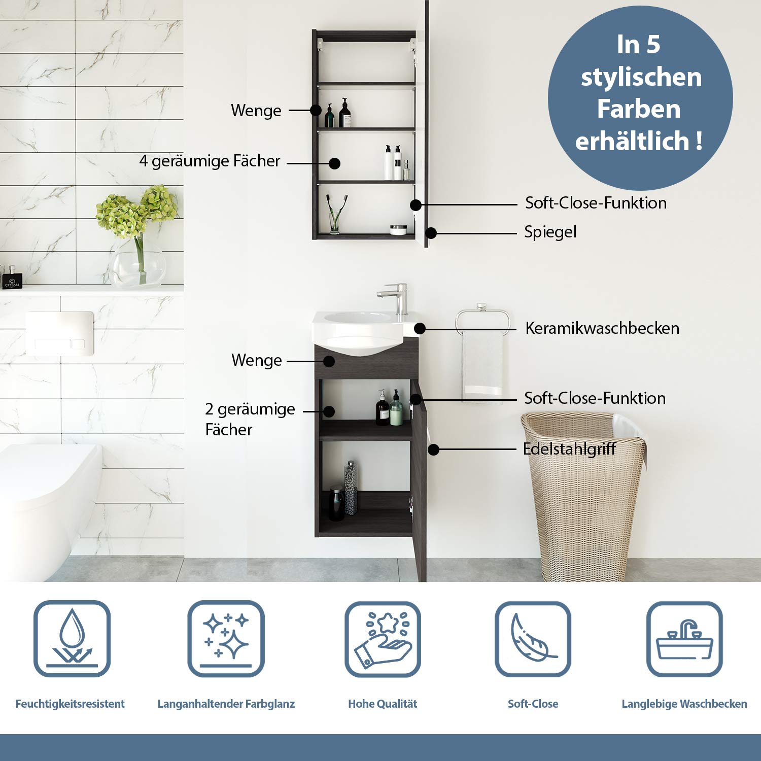 Planetmöbel Juego Completo de Muebles de baño para Invitados con Inodoro de cerámica y Armario con Espejo, Incluye desagüe, Color wengué