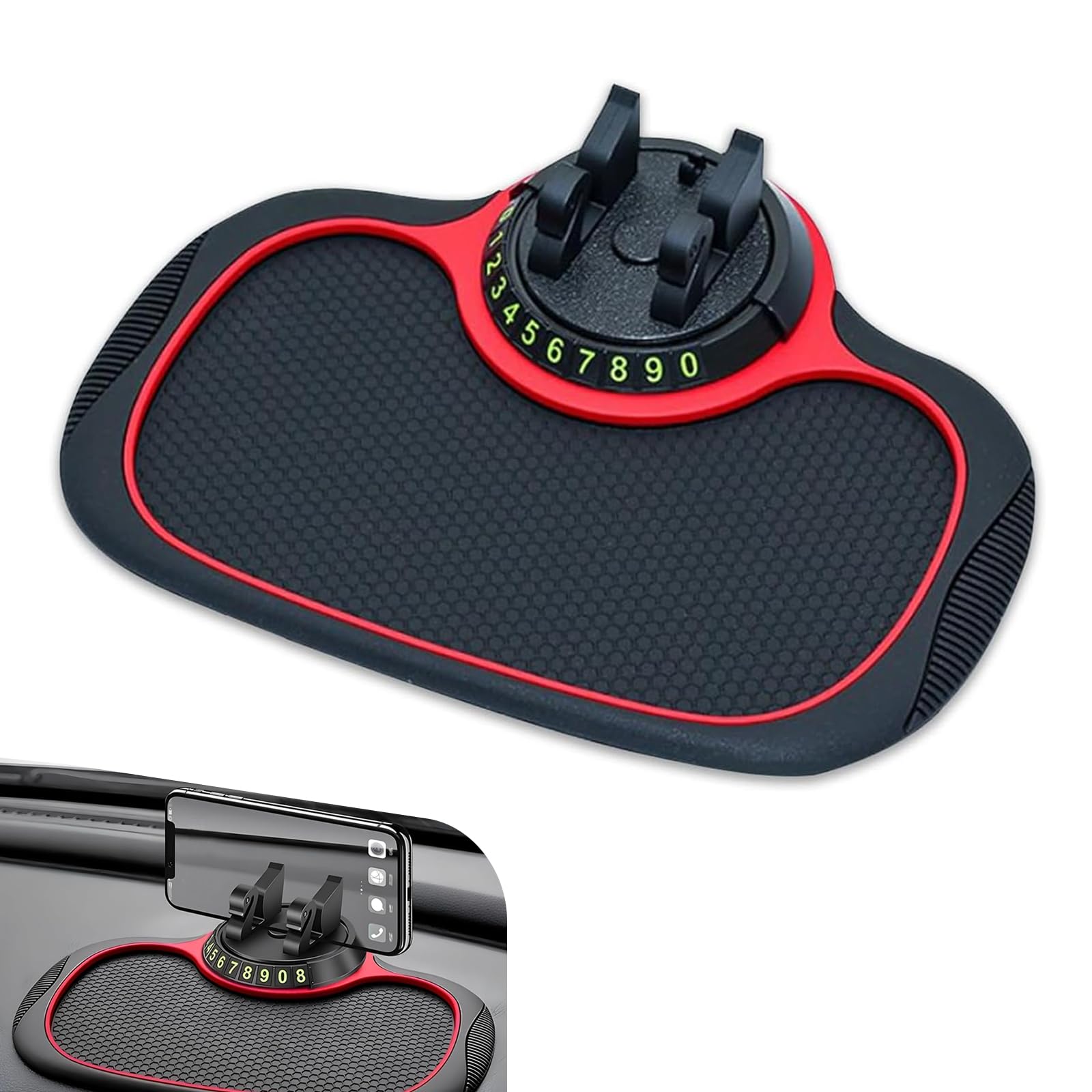 Nowkont Pack-1 Car Dashboard Anti-Slip Mat, Multi-Function Mobile Phone Holder Parking Number Plate, Soft Waterproof PVC Storage Mat with 360 Degree Rotating Bracket, Universal for Cars (Black & Red)