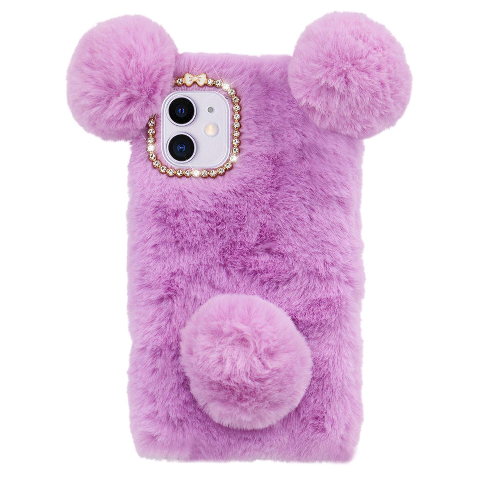 for OnePlus Nord N200 5G 3D Panda Diamond Plush Case, Handmade Women Bling Rhinestones Anti Drop Shockproof Winter Warm Soft Fuzzy Furry Fur Protective Phone Cover, Light Purple