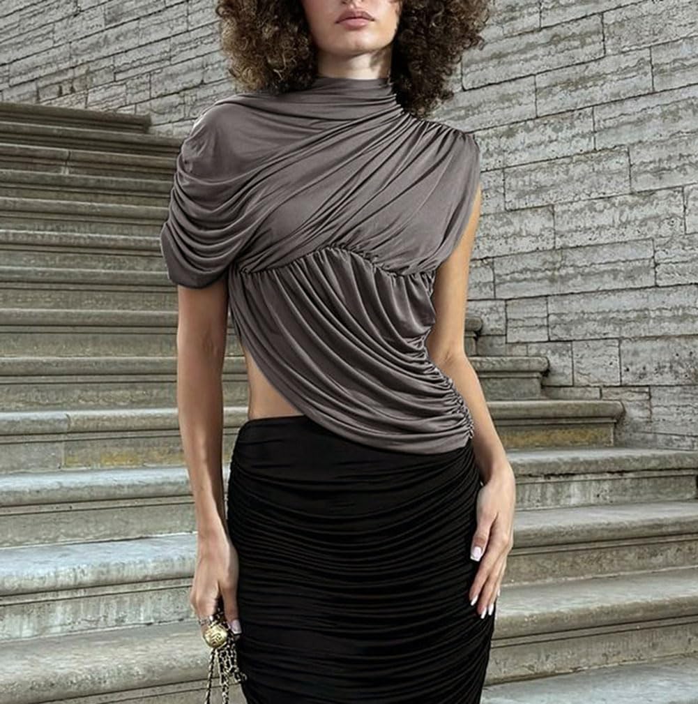 Ruched Mock Neck Tank Crop Tops for Women Ruffle Short Sleeve Wrap Twisted Turtleneck Asymmetrical Blouses Cami T-Shirt - Image 9
