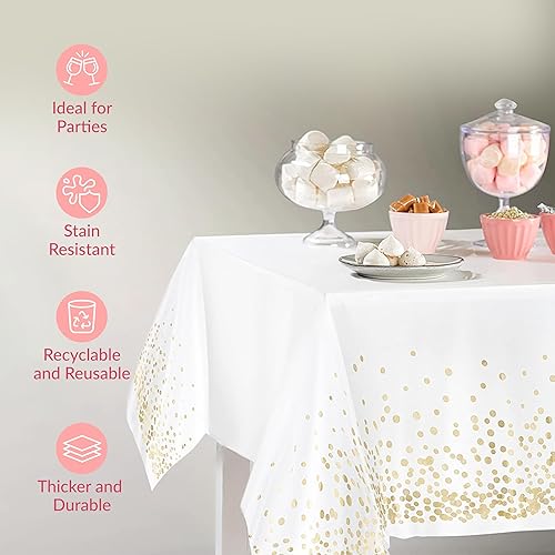 Vista 12 de Prestee Manteles redondos de plástico de 84 pulgadas, paquete de 24 manteles desechables de color blanco para fiestas, manteles redondos